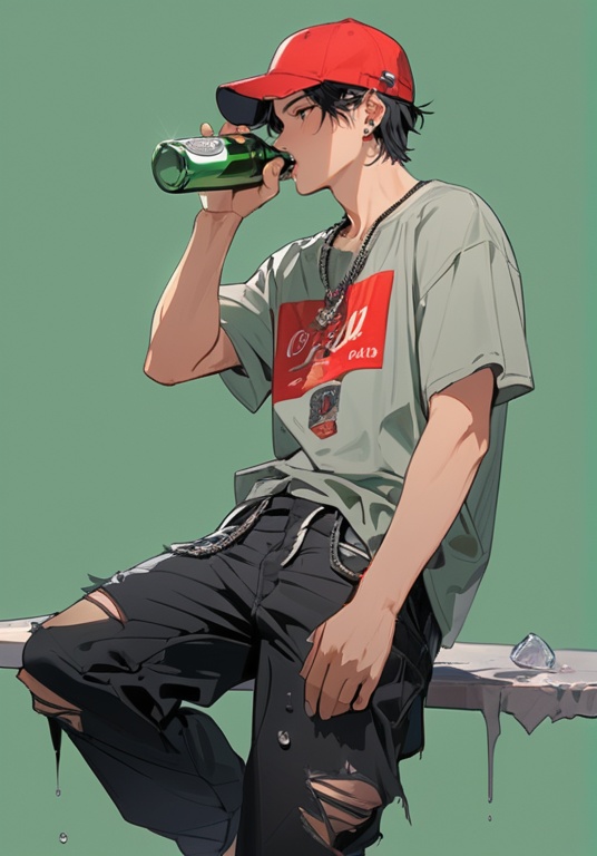 (best quality), ((masterpiece)), (highres), illustration, original, extremely detailed . <lora:日式动漫人设BOY版XL:0.7>jjj, 1boy, solo, pants, male focus, shirt, hat, black pants, red headwear, grey shirt, torn pants, simple background, bottle, black hair, sitting, earrings, torn clothes, holding, jewelry, drinking, green background, short hair, baseball cap, short sleeves, holding bottle, profile, white shirt, artist name, stud earrings