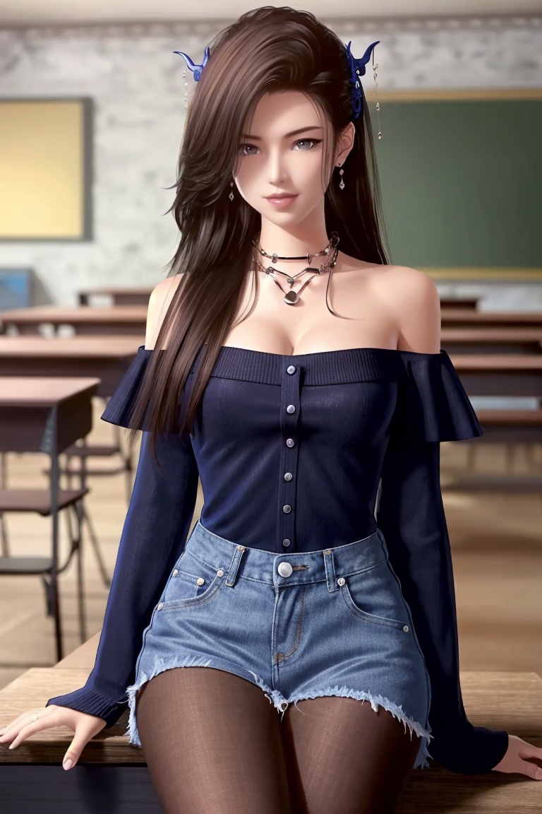((HRD, HUD, 8K)),((masterpiece, best quality)), highly detailed,1girl, solo, hair ornament, brown hair, black hair, long hair, brown eyes,necklace, jewelry, earrings, (off-shoulder sweater:1.2), denim shorts, black pantyhose, blurry background, classroom, chalkboard, sitting, cowboy shot, looking at viewer, <lora:20240525-1716650918118:0.7>