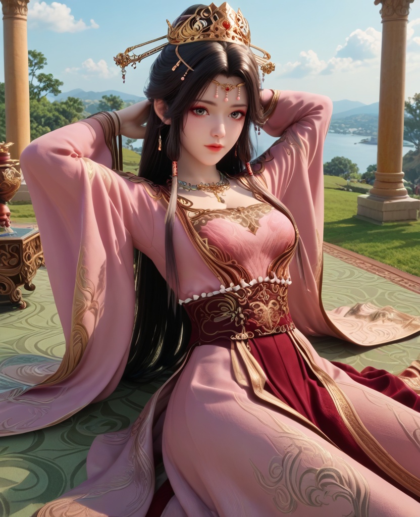 (oriental architecture, elegant decor, sophisticated style:1.1),(Lying on a picnic blanket, hands behind the head, watching clouds drift by with wonder,:1.1),(breasts:1.2),<lora:XL16牧神记灵毓秀:0.95>,miss lingyuxiu,red short top worn over pink tiered dress,grey eyes,black hair,draped chignon with front tubes hair,very long hair,necklace,wide flowing sleeves,red petticoat,pelvic curtain,, score_9,score_8_up,score_7_up,score_6_up,score_5_up,score_4_up,3d rendering,tag1,tag2, Cinematic Lighting,backlighting,