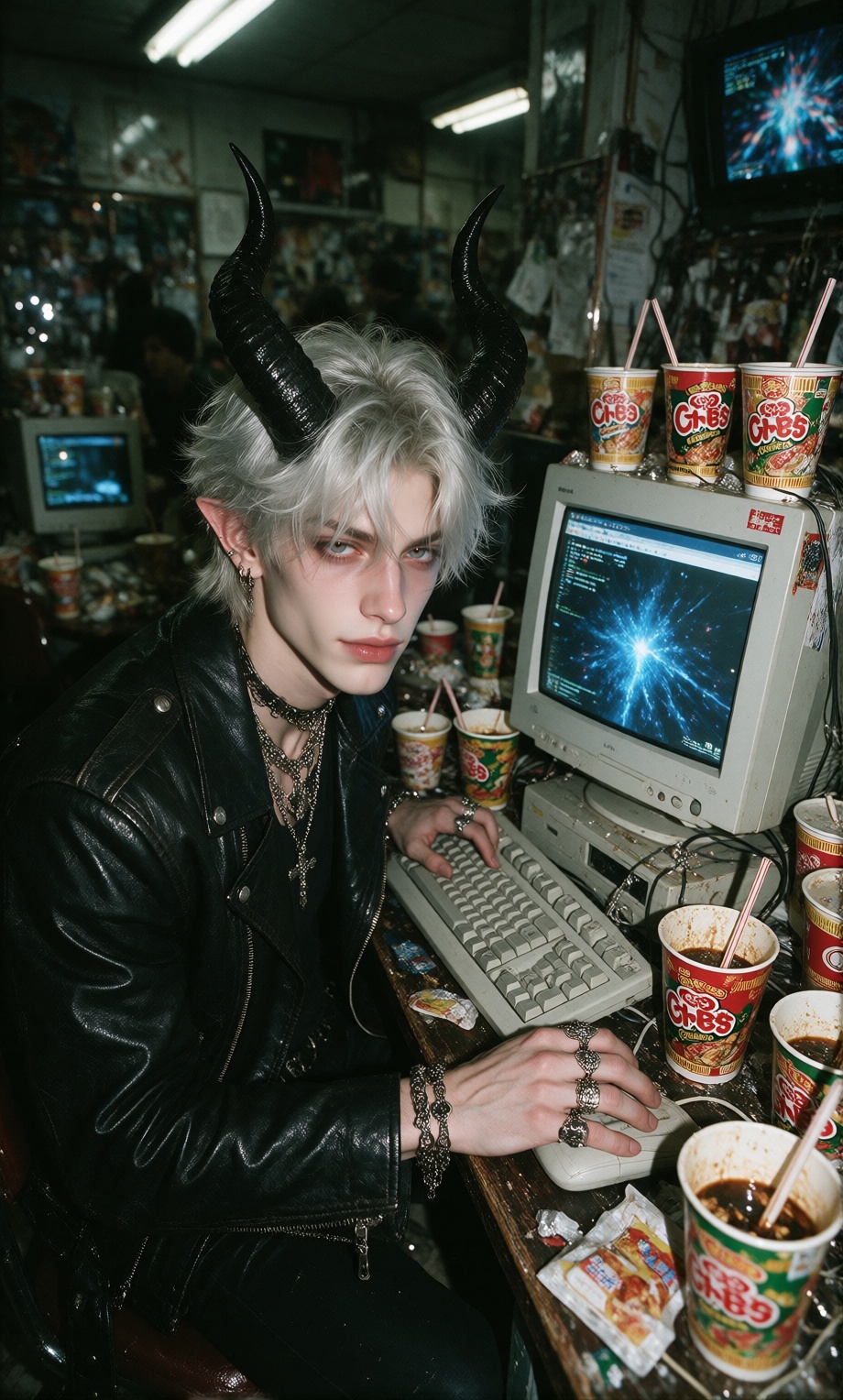 2002 cheap digital camera photograph,  beautiful pale man with black horns and silver hair sitting at an old internet café...