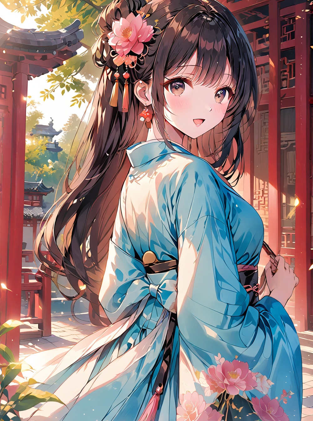Hanfu,O,long hair,hair ornament,solo focus,smile,looking at viewer,open mouth,earrings,outdoors,jewelry,dress,east asian architecture,black hair,brown eyes,long sleeves,multiple girls,breasts,looking back,architecture,:d,brown hair,wide sleeves,1girl,blue dress,blush,tree,