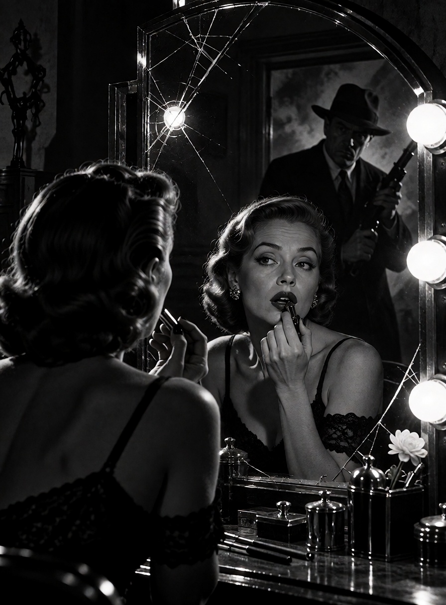 A glamorous 1940s femme fatale applies dark lipstick in front of an enormous cracked Art Deco vanity mirror,  her reflecti...
