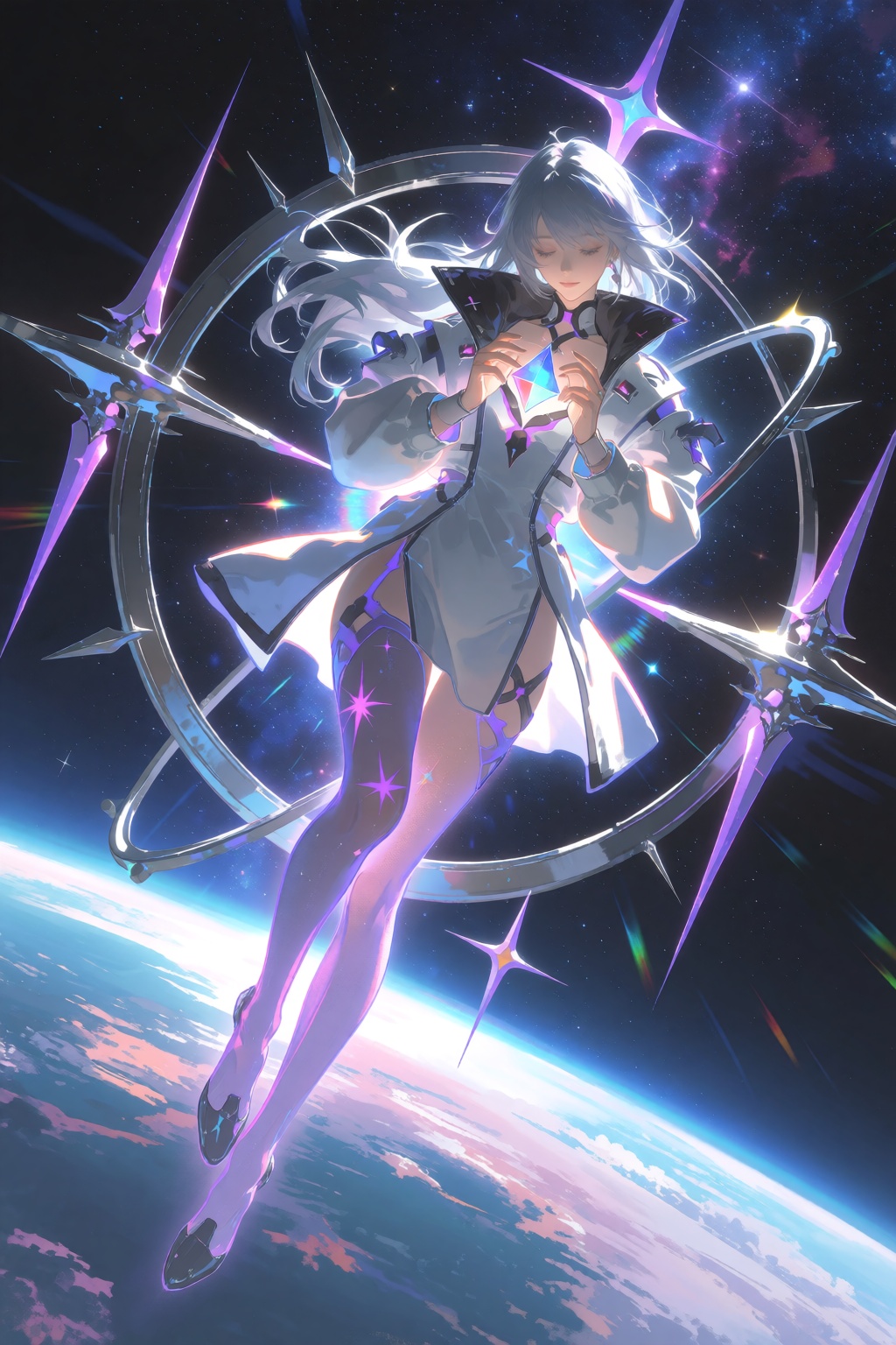 A pretty woman with long,  silver hair floats vertically in space,  holding a small glowing prism near her chest with both...