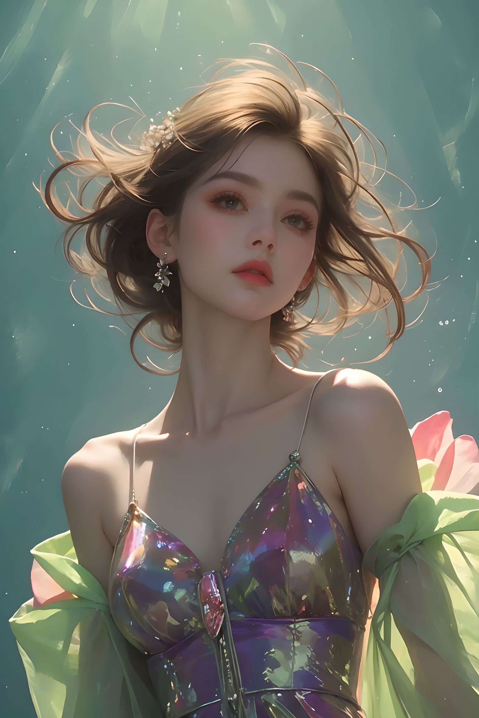 Psychedelic style doodle of a girl,pretty face,lovely dress,dynamic angle,flowers,plants,Vibrant colors,abstract forms,surreal,full_body, <lora:春风十里:0.8>
