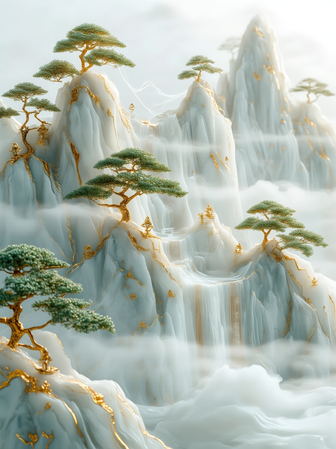 Gold and Jade style,The scene is dominated by majestic,snow-capped peaks with jagged,crystalline formations. The peaks are rendered in shades of white and pale blue,with wispy clouds swirling around them,giving the illusion of mist and fog. Pine trees,lush and verdant,are scattered throughout,their deep green foliage contrasting sharply with the icy peaks. Some of the trees are perched precariously on narrow ledges,while others stand tall and proud,their branches reaching out towards the sky. The artwork is characterized by a surrealistic,almost ethereal quality,with the natural elements blending seamlessly into a dreamlike atmosphere. The texture of the rocks and the softness of the clouds are meticulously detailed,with a focus on the play of light and shadow,enhancing the sense of depth and realism.,<lora:396d03:1>,