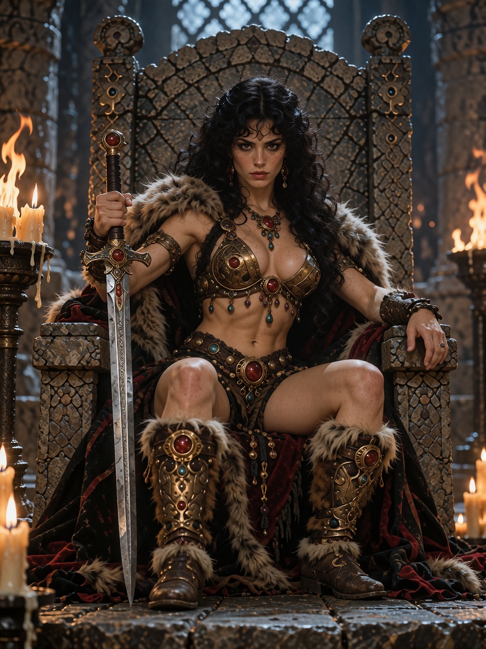 Mariana the Barbarian Princess sitting on an ancient stone throne,  one hand holding a sword,  confident dominant pose on...