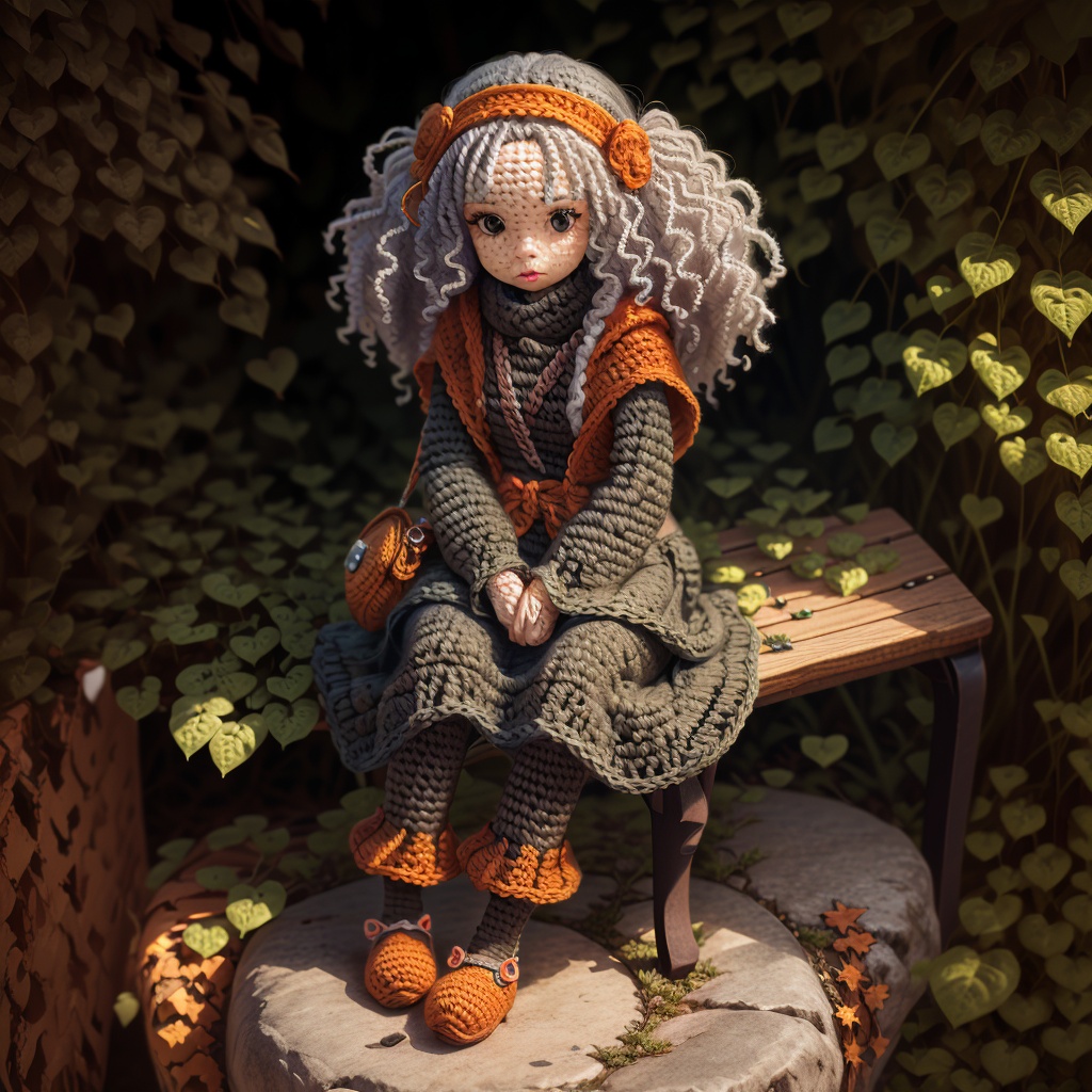 crochet figures,1 girl,(solo:1.4),sit on bench,in a scene of pure kindness,colors blend and greet,<lora:knitting:1>,