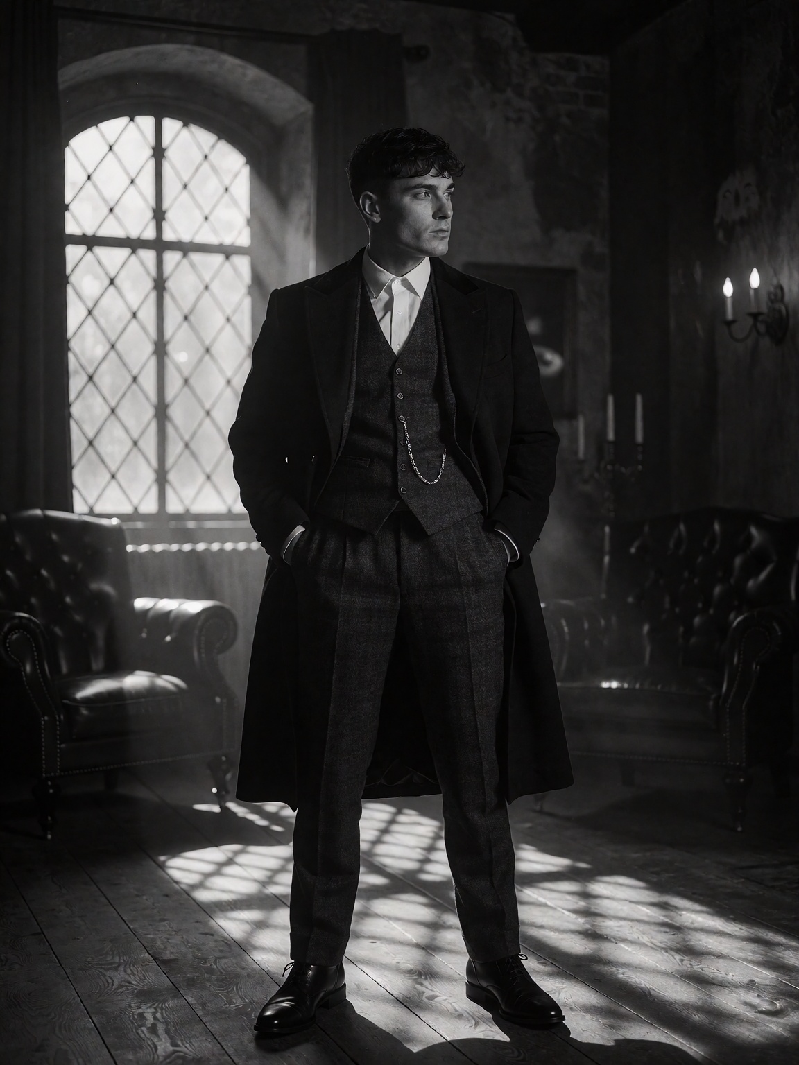 a man in peaky blinder suit,  black and white looking away,  black and white dark moody on Tensor.Art