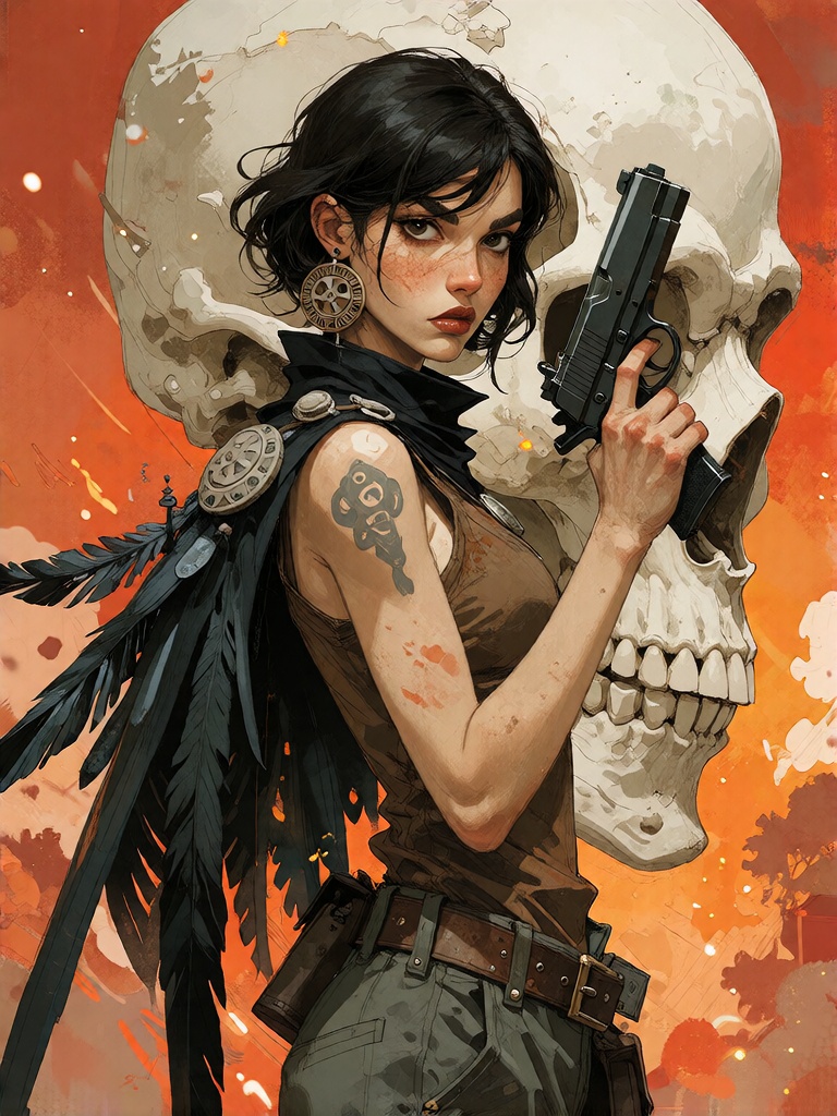 **Final Answer**Bradhamel art style,  a woman with dark skin and short black hair,  wearing a brown sleeveless top on Tens...