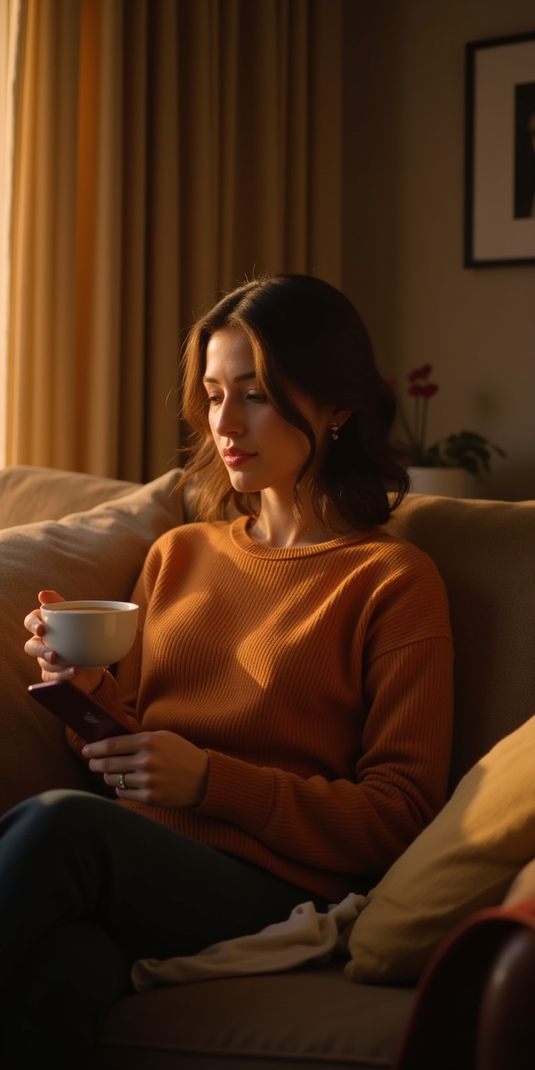 Color style,The visual texture is incredibly,incredibly,incredibly realistic film,A beautiful woman is sitting on the sofa in the study,holding a cup of coffee in her right hand and a mobile phone in her left. The indoor light is warm and cozy.,