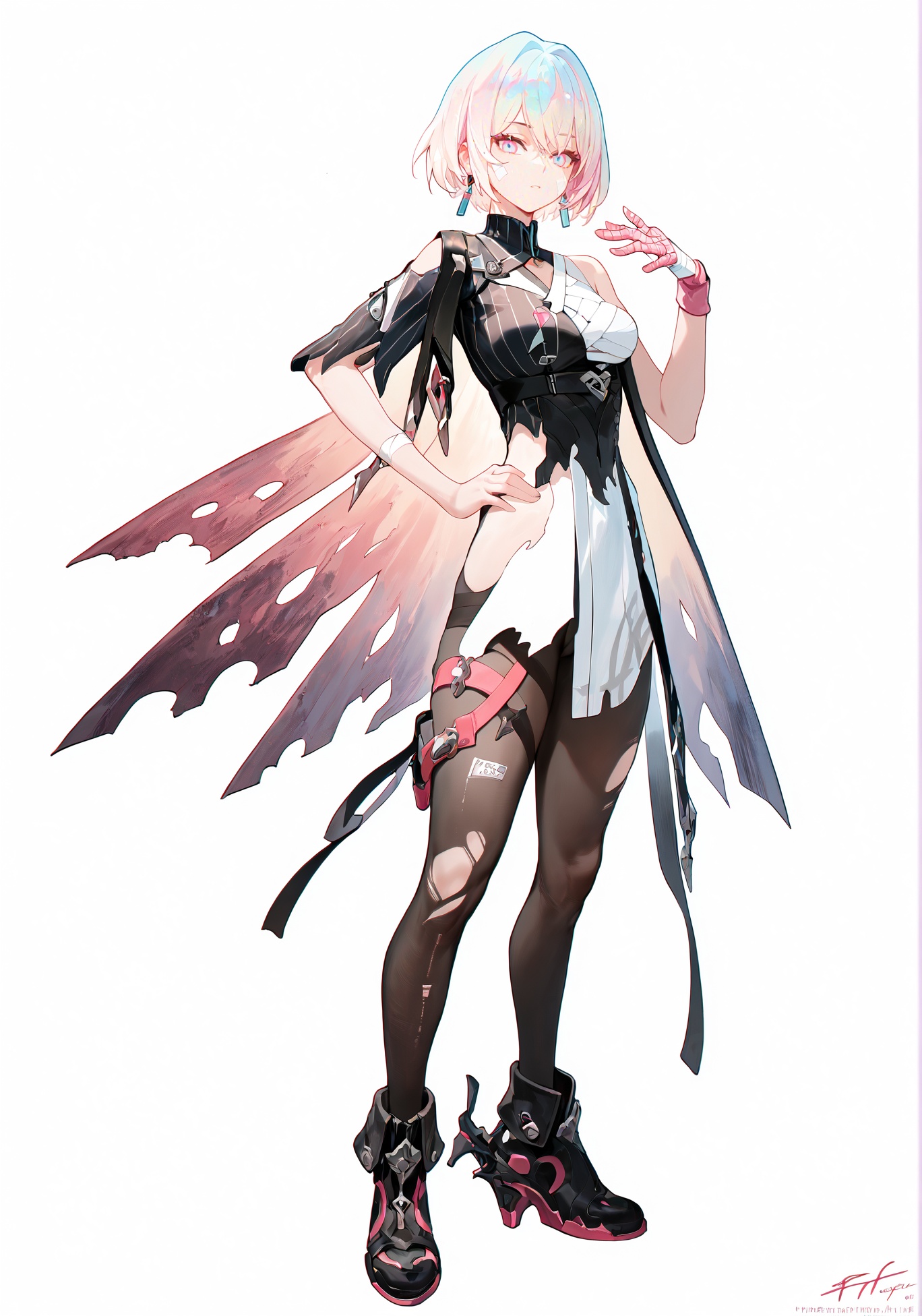 score_9, score_8_up, score_7_up, score_6_up, 8k, 8k, best quality, masterpiece, (ultra-detailed:1.1), (high detailed skin), (full body), ( white background:1.3), standing, looking at viewer, (solo), hand on hip, <lora:Lantern-pony-Tanger:0.8>, dengsfl, broken clothes, torn clothes, multicolored hair, 1girl, multicolored eyes, bandages, bandaged arm, pantyhose, black footwear, pink gloves, single glove, torn pantyhose, short hair, (beautiful_face), ((intricate_detail)), clear face, ((finely_detailed)), fine_fabric_emphasis, ((glossy)), full_shot, 