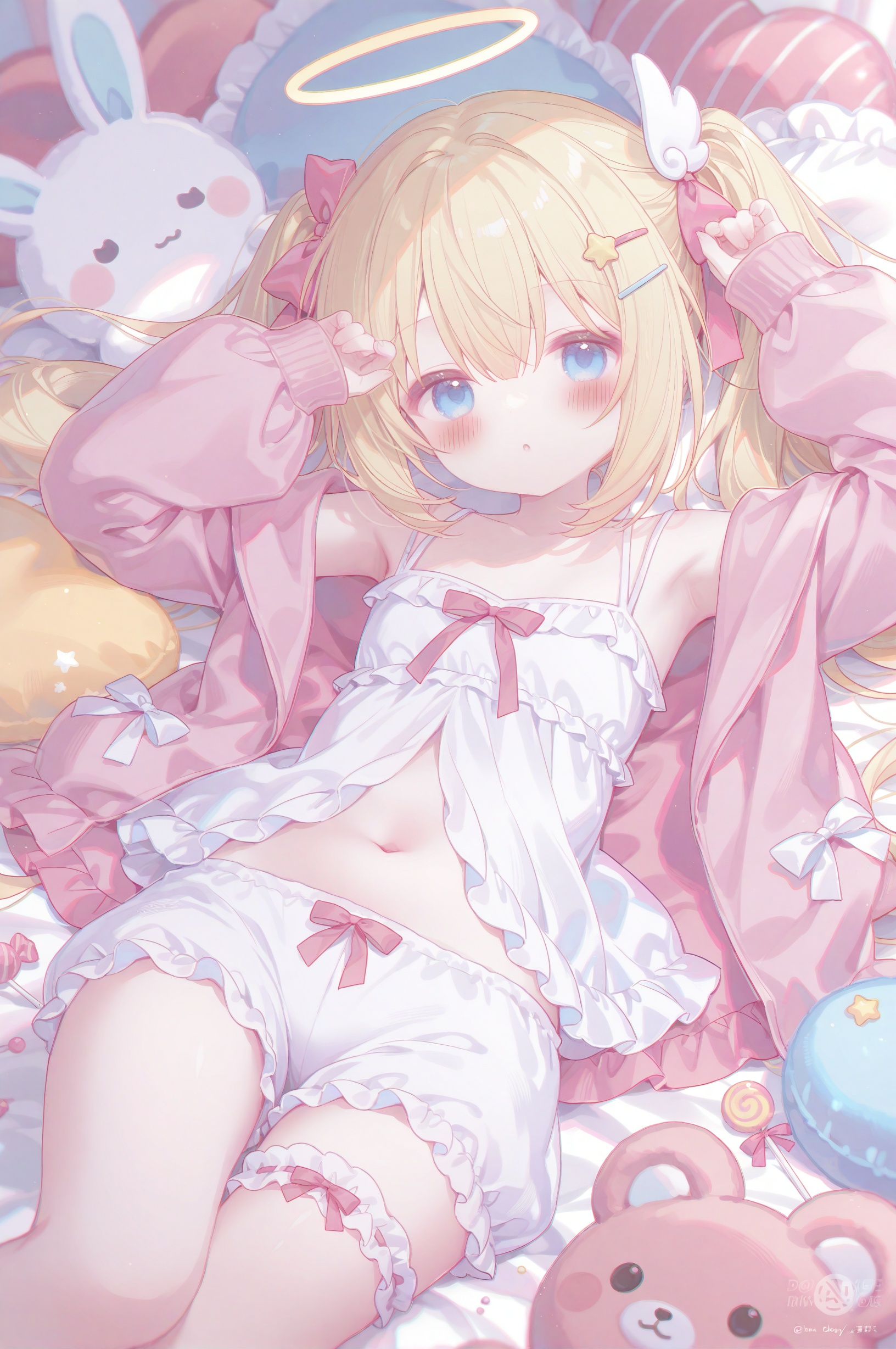 masterpiece,very aware,highres,absurdres,newest,best quality,loli,petite,high quality,chromatic_aberration,cinematic_angle,dutch angle,//,umehara,1girl,blonde hair,blue eyes,solo,stuffed toy,white bloomers,stuffed animal,bloomers,twintails,pink jacket,parted lips,looking at viewer,jacket,halo,white camisole,puffy long sleeves,pillow,blush,long hair,babydoll,lying,on back,open clothes,navel,open jacket,stuffed cat,camisole,feet out of frame,long sleeves,frills,ribbon,collarbone,pink ribbon,sleeves past wrists,signature,hair ribbon,food,frilled shorts,very long hair,frilled pillow,puffy sleeves,:o,bow,underwear,hands up,star (symbol),bare shoulders,candy,bridal garter,teddy bear,heart-shaped pillow,pink bow,frilled camisole,lollipop,off shoulder,hair bow,bed sheet,short shorts,hair ornament,frilled jacket,virtual youtuber,heart,shorts,stuffed rabbit,hair between eyes,white shorts,dated,depth of field,breasts,blurry,armpits,white bow,hairclip,small breasts,wing hair ornament,midriff,on bed,dress,thigh strap,flat chest,arms up,hand up,