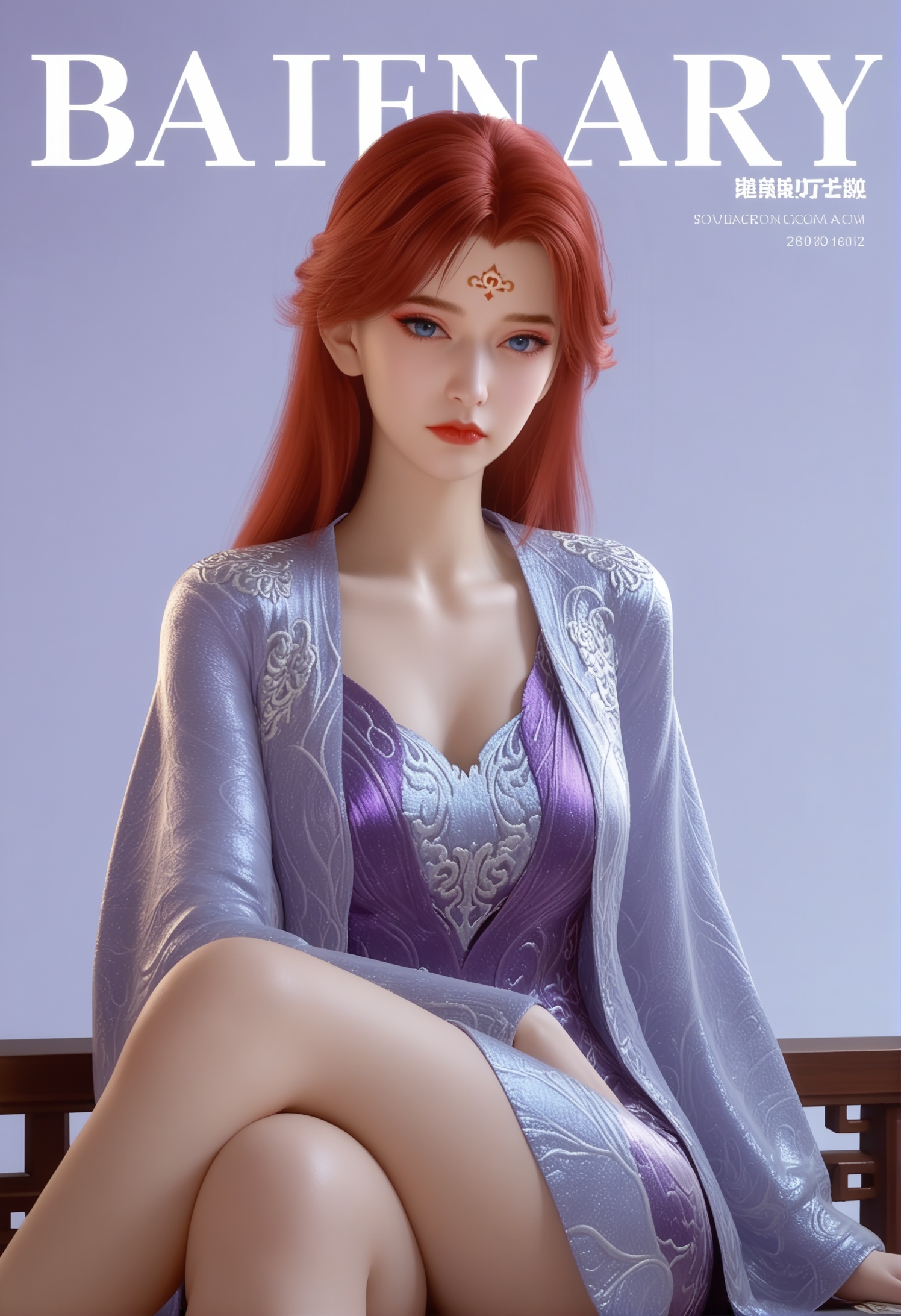 score_9,score_8_up,score_7_up,1girl,solo,realistic,(looking at viewer:1.1),sitting,(crossed_legs:1.3),1girl,solo,realistic,dress,purple dress,blue dress,chinese clothes,hanfu,long sleeves,1girl,solo,realistic,1girl,solo,realistic,(mature face:1.2),big eye,(pale_skin:1.1),(shiny_skin:0.9),slender face,long hair,red hair,blue eyes,forehead mark,facial mark,eyelashes,makeup,lips,eyeshadow,red lips,collarbone,closed mouth,realistic,(purple_theme:1.3),(solid background:1.6),simple background,(magazine cover theme:1.05),(white chair:0.8),<lora:小巳-炽阳华明-睡衣:0.85>,