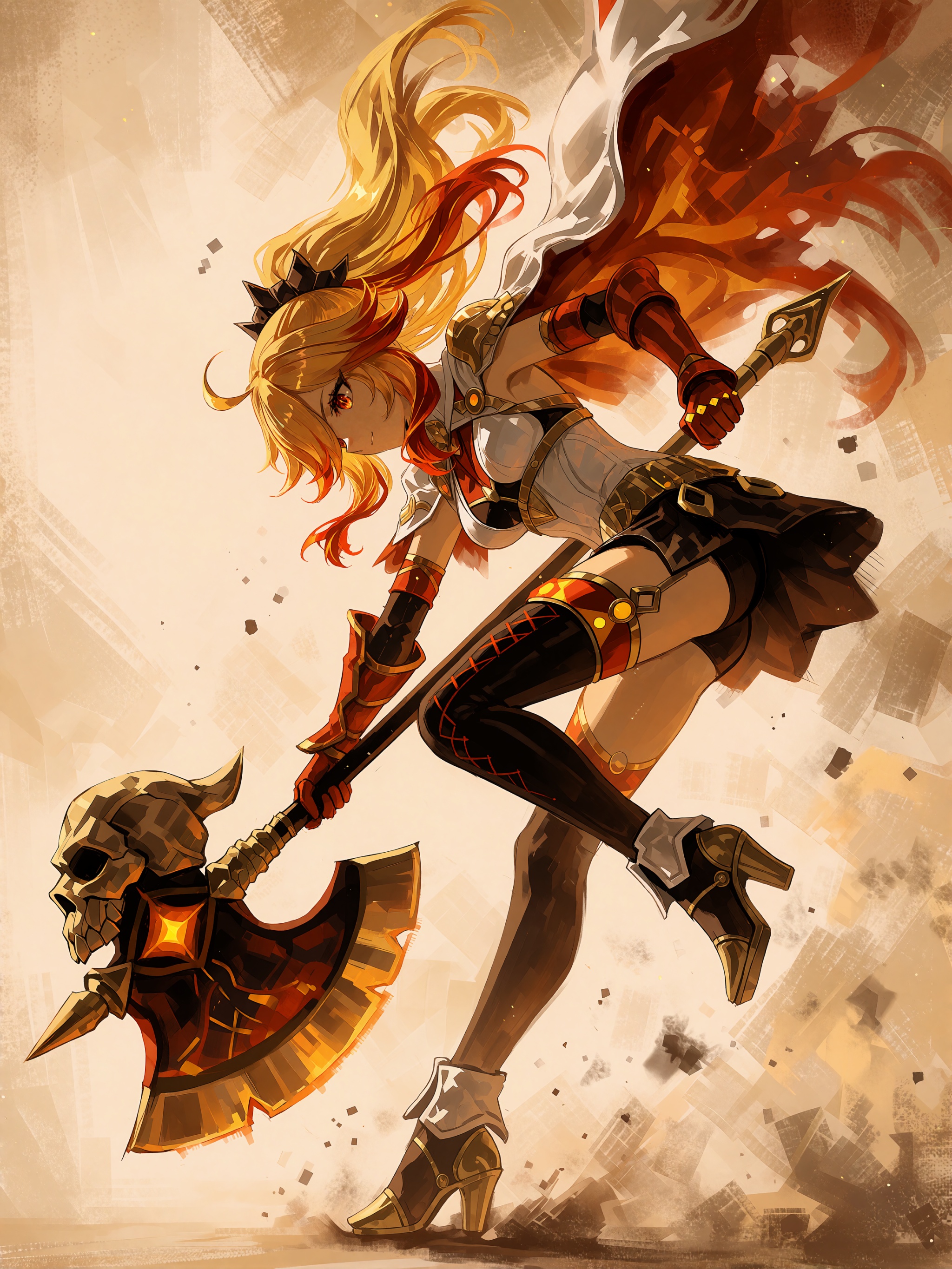 anime girl with fiery blonde hair streaked with red and yellow,  mid-air in a dynamic leaping pose,  wielding a large batt...