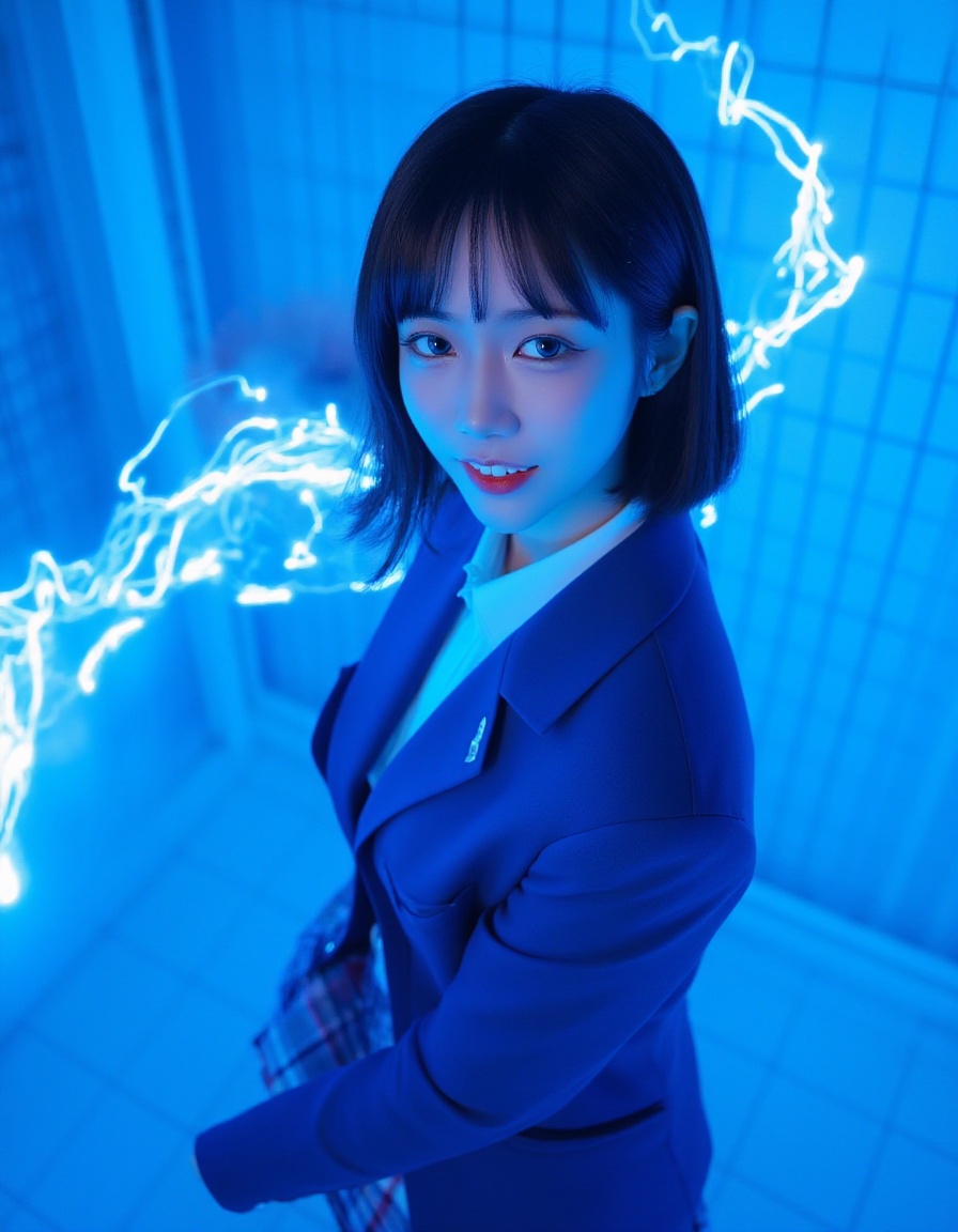 Masterpiece,Top quality,beautiful Korean woman,doll-like face,clean skin,neat deep cobalt blue short cut,bright determined grin,school blazer power suit,blazer seams glowing with blue light,plaid skirt with energy field shimmer,active pose,whipping a glowing energy chain upwards,dynamic arc of blue light in front of her face,intensely saturated monochromatic cobalt blue background,digital grid pattern,POV,high angle,face-focused close-up,looking up at viewer,