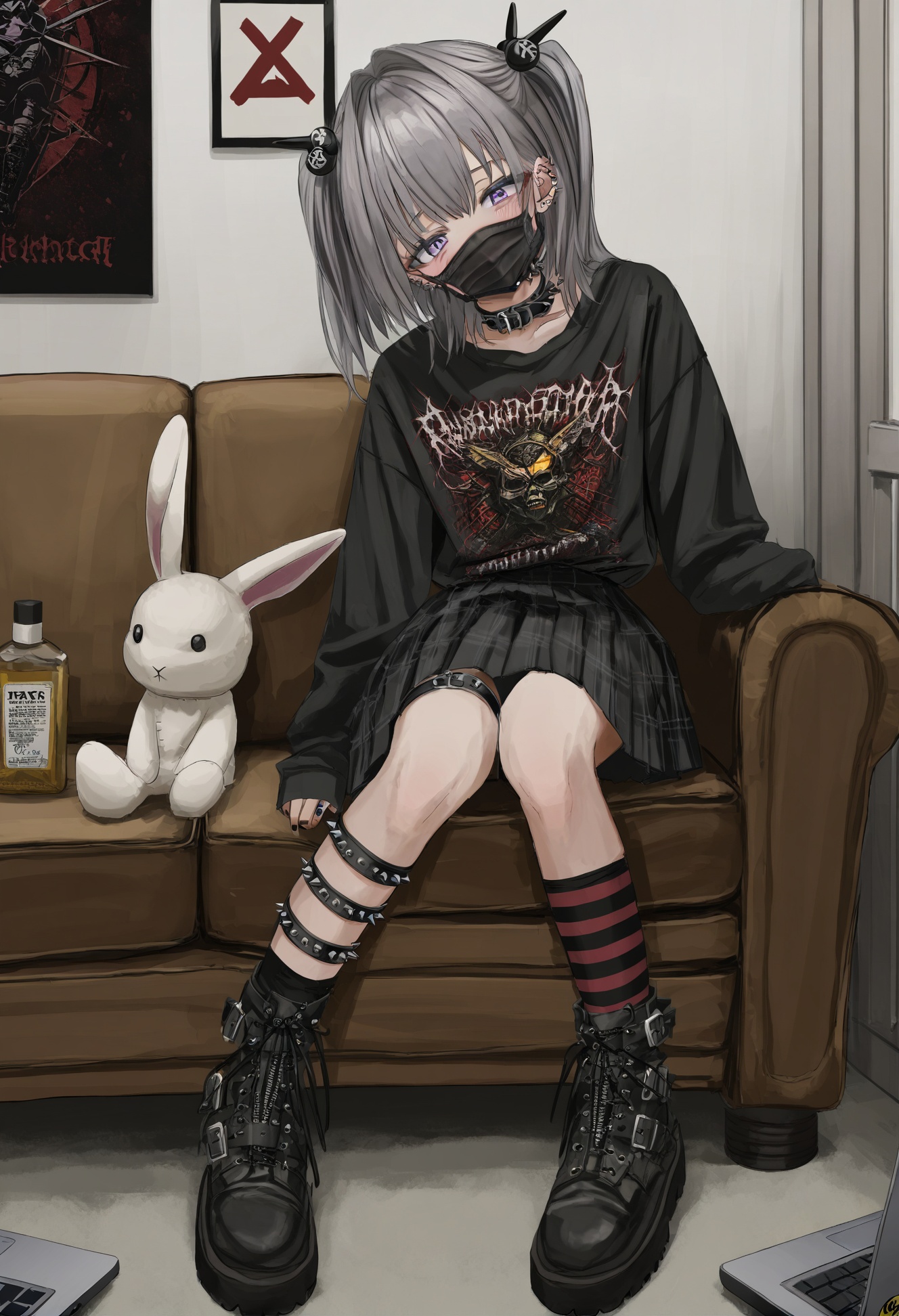 masterpiece, best quality,laptop, computer, 1girl, stuffed toy, boots, stuffed animal, black footwear, solo, sitting, skirt, twintails, mouth mask, stuffed bunny, purple eyes, mask, thigh strap, black skirt, striped, phone, shirt, black shirt, ear piercing, clothes writing, looking at viewer, long sleeves, jewelry, cellphone, black nails, grey hair, collar, bangs, hair intakes, piercing, head tilt, earrings, spiked collar, pleated skirt, hair ornament, bag, spikes, socks, couch, indoors, profanity, nail polish, collarbone, plaid, asymmetrical legwear, smartphone  <lora:GUXLlokr8f-000183:0.95>