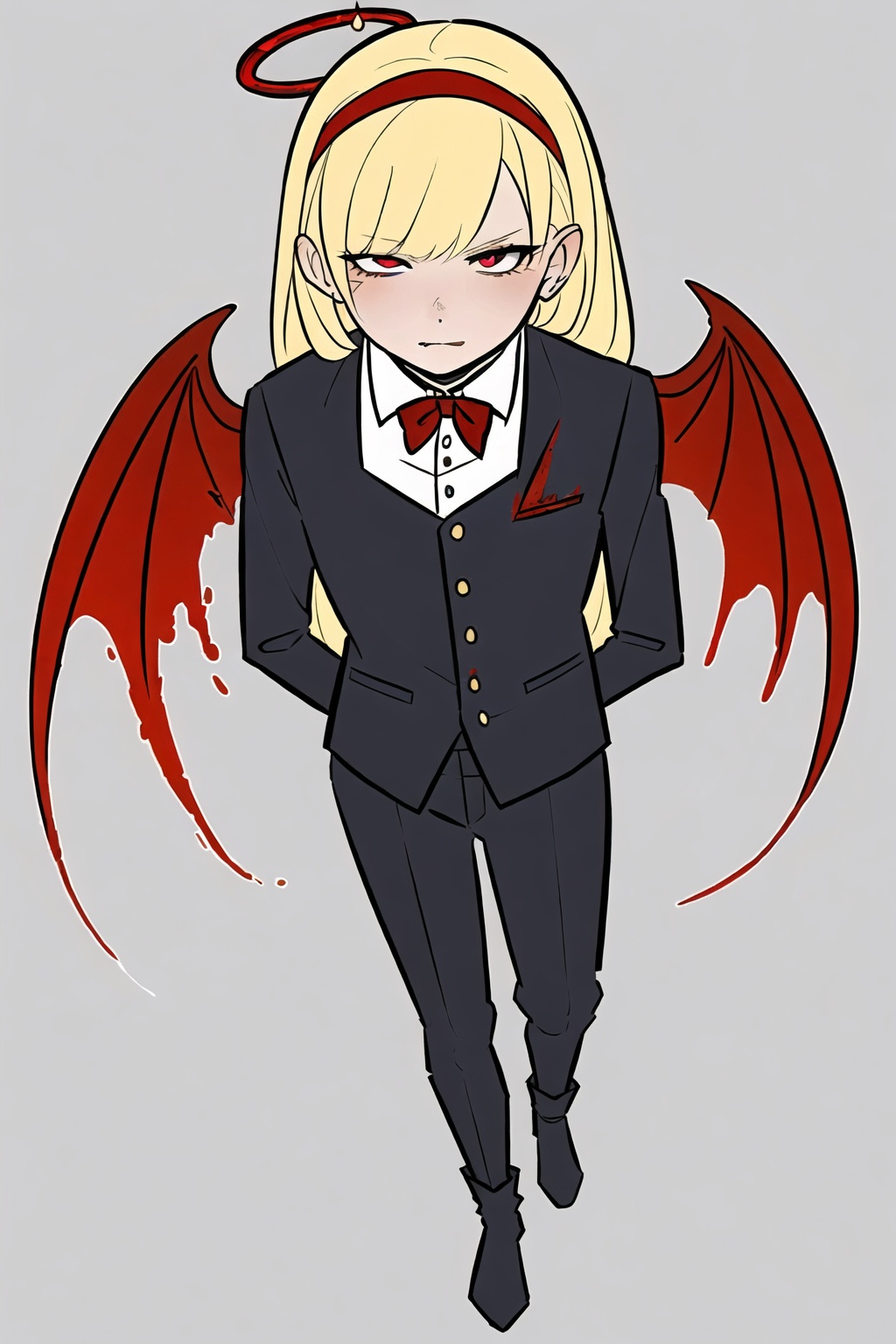 1girl,wsdxj,solo,ojousama,age regression,cuteg,(narrow one's eyes:1.1),red headband,red bowtie,blood angel halo,rejection,bewitching/bizarre/sinister appearance,guihuo inferno,evil atmosphere,full body,