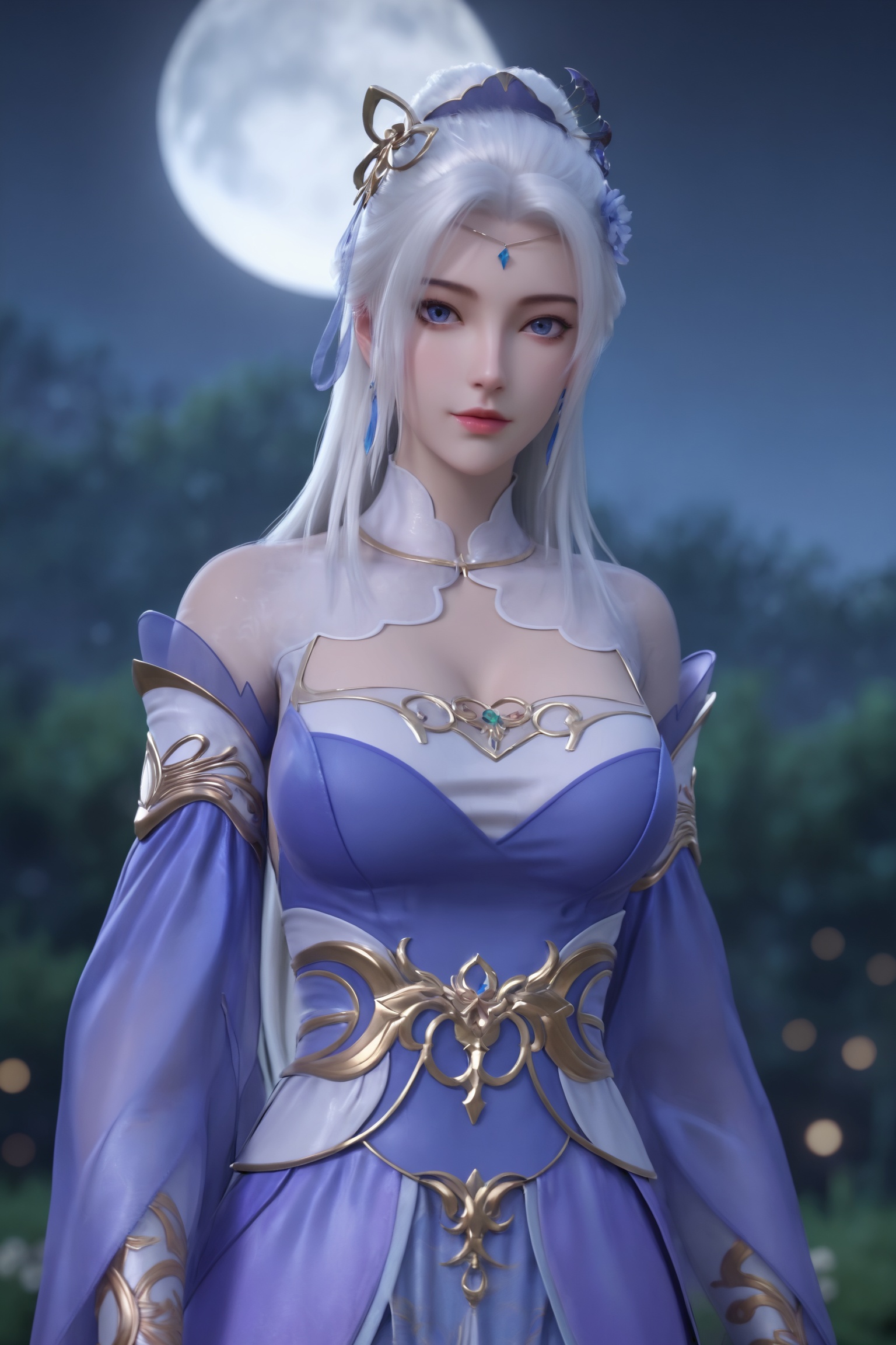 <lora:仙武传-楚萱儿Pony:0.8>,1girl,long,straight,silver-white hair,headpiece,blue eyes,flowing,high-collared,off-the-shoulder lavender and gold dress,elegant embroidery,high slit,1girl,solo,shiny,shiny_hair,upper_body,fair_skin,white_skin,shiny_skin,shiny,Ivory_skin,looking at viewer,cinematic lighting,volumetric lighting,solo focus,blurry background,depth of field,night,sky,night sky,full moon,moonlight,