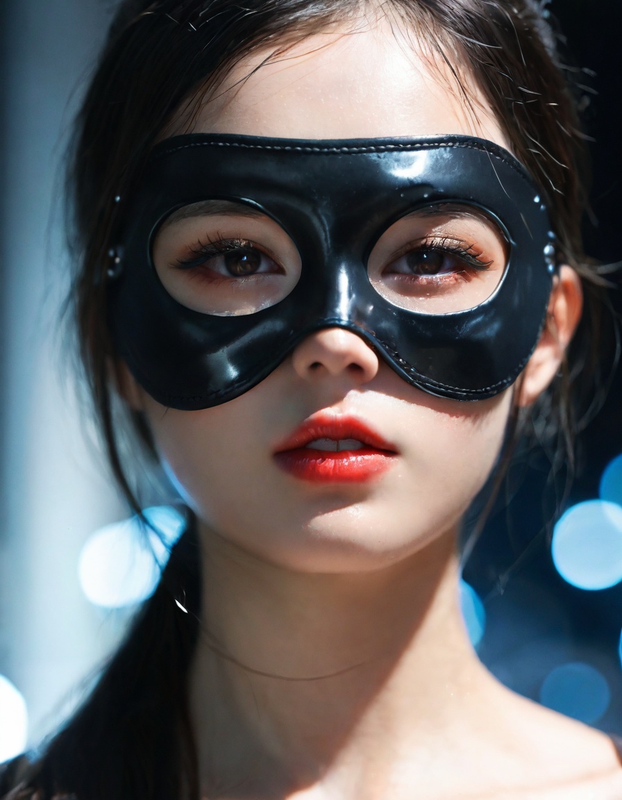 masterpiece,best quality,amazing quality,very aesthetic,absurdres,newest,extreme aesthetic,in the style of fashion photography,light particles,cinematic lighting,Visual impact,sharp focus,Emotionalization,depth of field,dutch angle,scenery,asymmetric, abstract painting, close up, 1girl, half oni mask, half face, broken mask, missing mask parts, holding mask