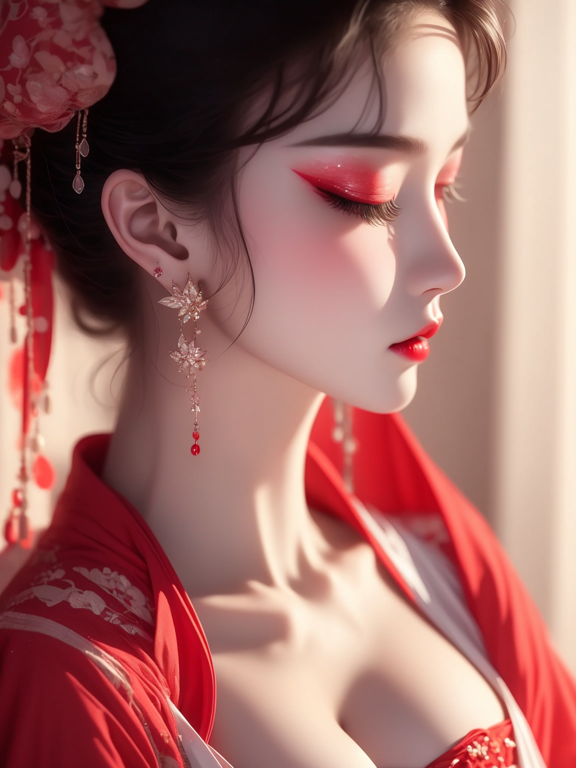 1 girl,diamond earrings,with heavy makeup,Moisturizing red lips,eye makeup,black hair,close-up,realistic,solo,chest,cleavage,<lora:汉服眼妆1.1:1>,eyes_closed,eye makeup,