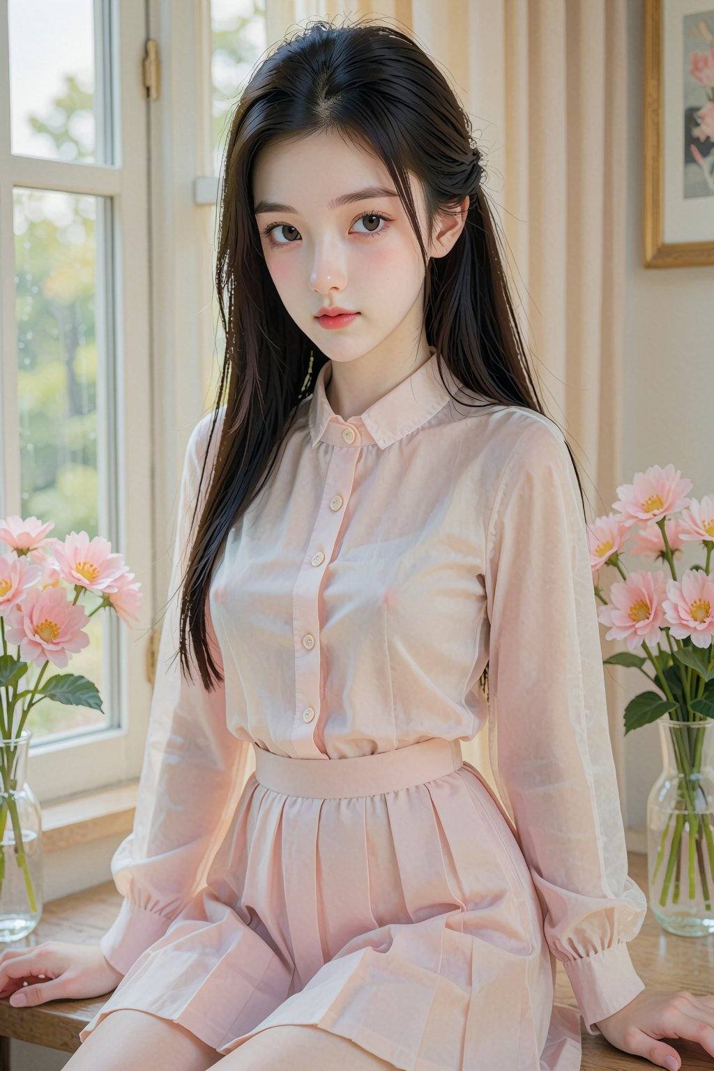 A young Asian woman with long black hair sits by a window,  wearing a sheer pink blouse and a high-waisted pleated skirt,...