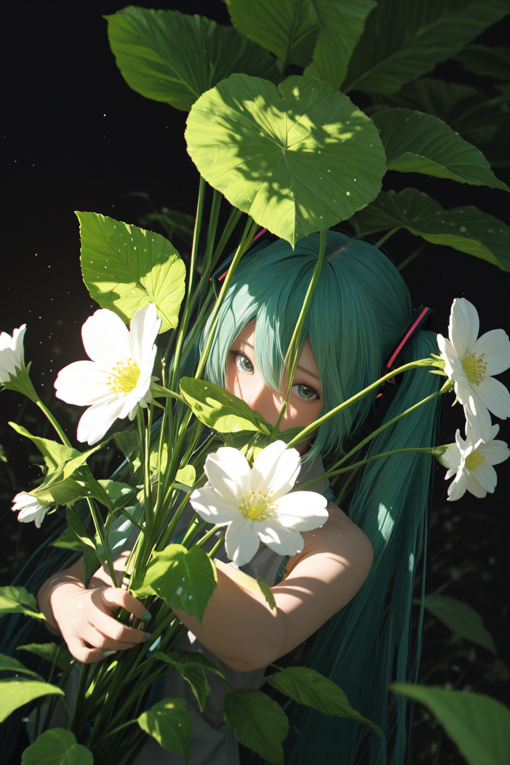 masterpiece, ultra-HD, cinematic lighting, photorealistic, impressionism (1.5), high detail, depth of field, (blurred background), (dramatic lighting),masterpiece, best quality, very aesthetic,8k,masterpiece, best quality,anime, masterpiece, best quality, 8k,dutch angle,cinematic,beautiful atmosphere,wind,leaves in the air,flow,double exposure,dynamic pose, pastel colors, black background, dark, color connection, sidelighting,depth of field, perspective,(warm atmosphere:0.6), volumetric lighting, shade,(shadow),indicate details,(foreshortening:1.2), (depth of field:0.8),detailed background, (chromatic aberration:1.4),an anime girl is hiding behind a bunch of white flowers in the sun,1girl,close-up,upper body,plant,leaf,flower,covered mouth,hatsune miku,looking at viewer,bloom,glint,light,green theme,