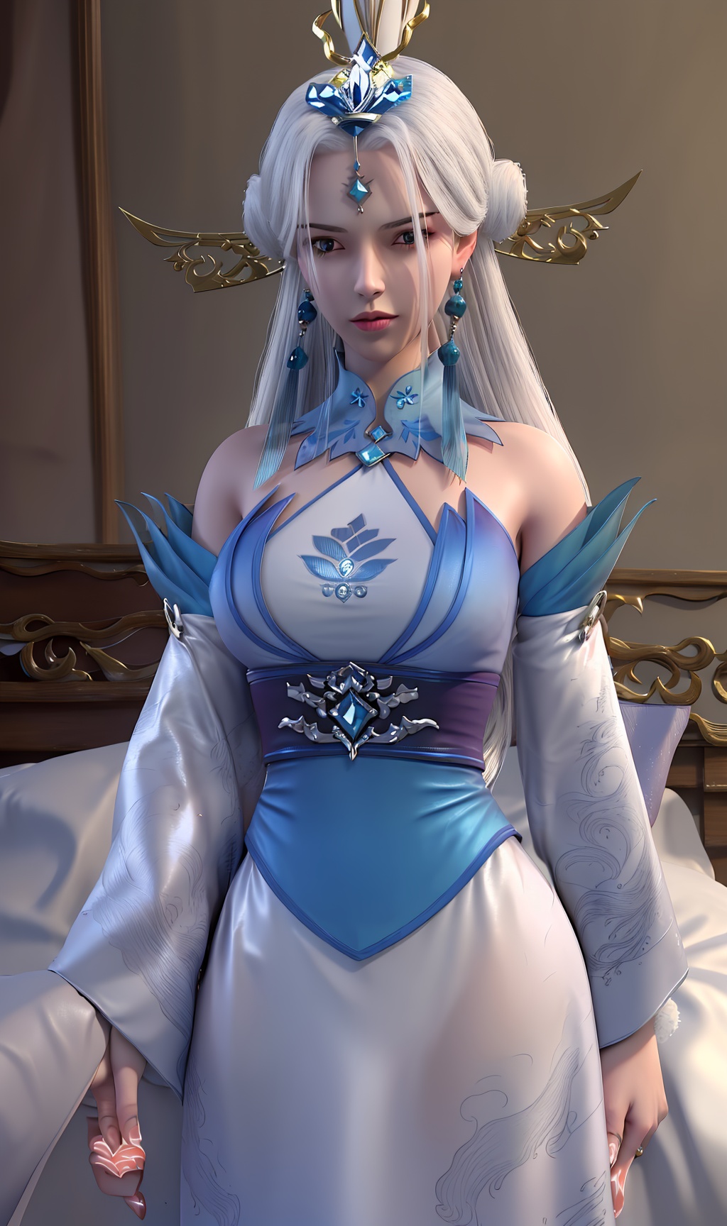3D,masterpiece,(best quality),(makeup),official art, extremely detailed cg 8k wallpaper,((crystalstexture skin)), (extremely delicate and beautiful),(highly detailed),(face),(collar),tassel,,(wide_sleeves),,(tiara),(ribbon),(headpiece),(1girl), (solo), (jewelry), (earrings),(white_hair),(long_hair),(hair_ornament),(handwear),(breasts),(standing),((upper_body)),(thighs),(off-shoulder_dress),(closed_mouth),(long_skirt),(chinese_clothes),(dress),,(multicolored_clothes),(multicolored_dress),(shiny_clothes),(city,indoor,bed),(gown),((looking_at_viewer)),((Facing the camera)),, <lora:hipoly3DModelLora_v10:0.3>