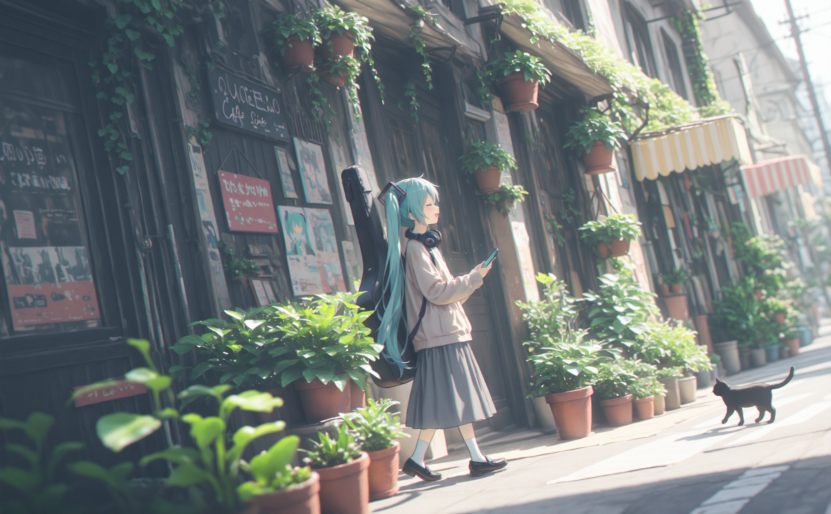 masterpiece,absurdres,best quality,loli,petite,high quality,chromatic_aberration,cinematic_angle,dutch angle, //1girl, hatsune miku, long hair, cat, instrument case, plant, potted plant, black cat, twintails, guitar case, skirt, socks, solo, scenery, wide shot, outdoors, very long hair, walking, headphones, aqua hair, window, holding, shirt, sign, building, door, shoes, street, white shirt, white socks, day, flower pot, headphones around neck, sidewalk, shop, sunlight, utility pole, phone, long sleeves, black footwear, storefront, animal, long skirt, holding phone, cafe, from side, road, cactus, blurry, aqua eyes, overgrown, grey skirt, listening to music, ivy, open mouth, air conditioner, hanging plant, smile, vines, profile, closed eyes, road sign, talking on phone, standing, blurry foreground, jacket, crosswalk, bag, blue hair, depth of field, cardigan, guitar, blue eyes, city, black skirt, kneehighs, poster (object), loafers, curtains, white jacket<lora:Fumyun-000030:0.8>