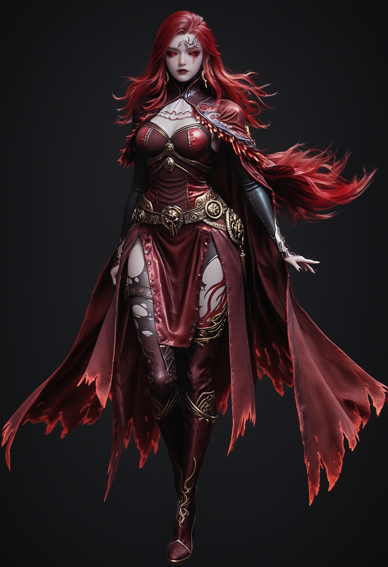 (standing full_body:1.1),score_9,score_8_up,masterpiece,(best quality),intricate details,facing viewer,(looking at viewer:1.1),<lora:YQ_pony_maxiaotao_fuzhang2_V4:0.8>,q1528437228,1girl,solo,long hair,red hair,red eyes,dress,cape,belt,boots,jewelry,red dress,thighhighs,earrings,colored sclera,black sclera,high heels,torn clothes,tattoo,red cape,ascot,brown eyes,facial mark,gloves,armor,glowing eyes,red sclera,thigh boots,high heel boots,white ascot,black footwear,BREAK(score_9:1.2),(score_8_up:1.2),masterpiece,best quality,very aesthetic,perfect anatomy,(hourglass),perfect face,(simple background,pure black background,black background:1.1),fair_skin,(shiny_skin:1.1),Ivory_skin,