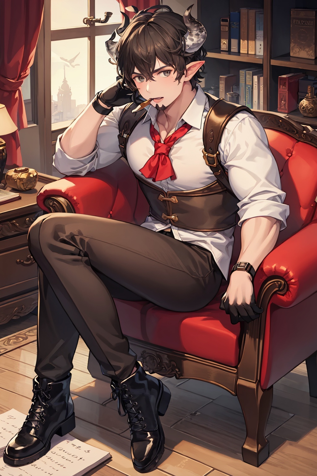 masterpiece,best quality, highly detailed, barawa,1boy, horns, draph, muscular male, solo, smoking pipe, bara, goatee, sitting, gloves, mature male, large pectorals, book, boots, white shirt,<lora:barawa:1>