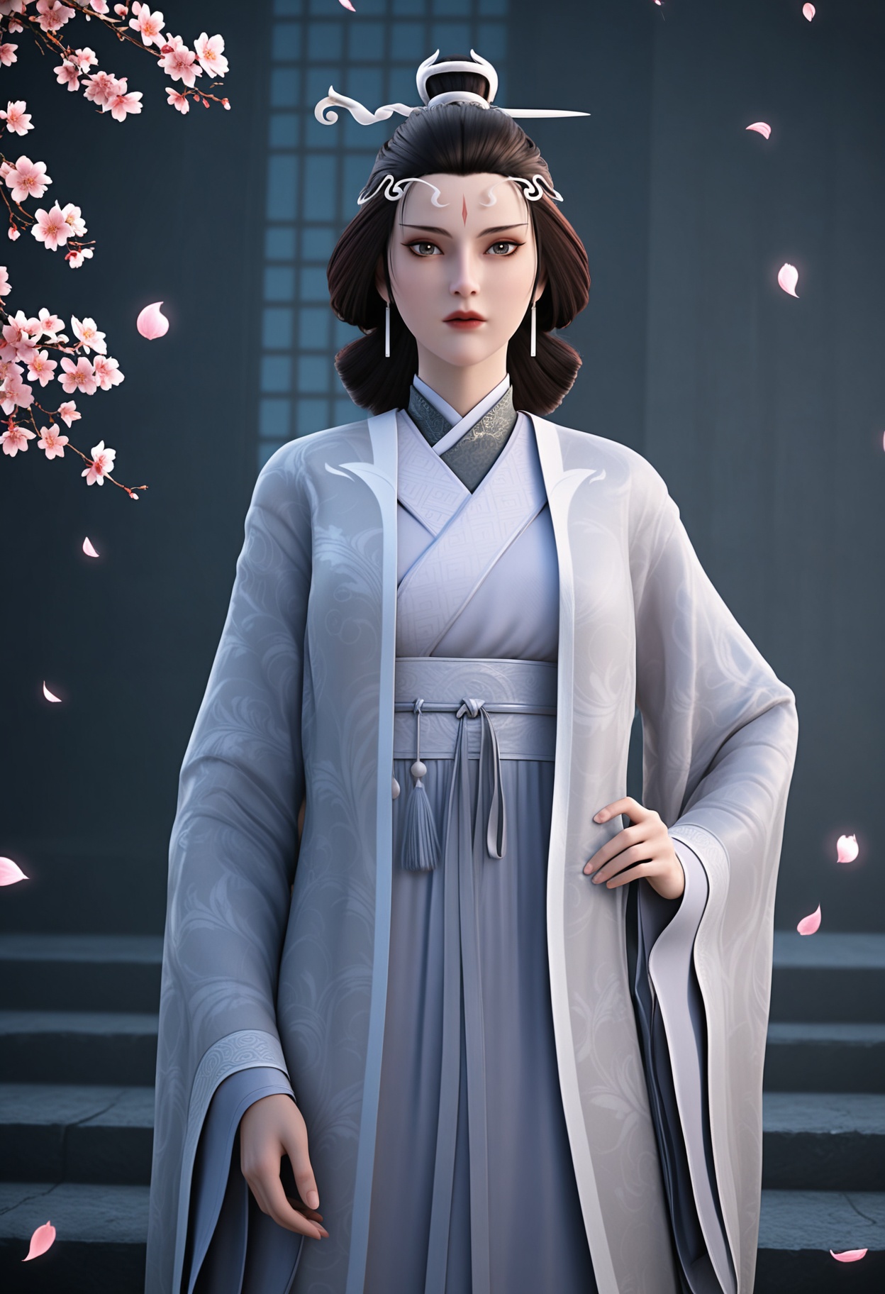 (standing full_body:1.1),(looking at viewer:1.1),masterpiece,(best quality),smog,Dark room,dim lighting,peach blossom,falling petals,<lora:YQ_Illustrious光辉v5_水月_V1:0.8>,q1528437228,solo,1girl,black hair,jewelry,earrings,chinese clothes,facial mark,hair ornament,forehead mark,hanfu,long sleeves,makeup,wide sleeves,hair bun,hair stick,long hair,red lips,updo,japanese clothes,black eyes,blue eyes,robe,brown eyes,brown hair,kimono,sash,grey eyes,korean clothes,single hair bun,