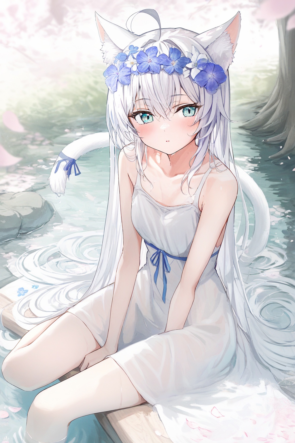 ,1girl,solo,long hair,looking at viewer,blush,bangs,blue eyes,hair ornament,dress,ribbon,animal ears,hair between eyes,bare shoulders,sitting,very long hair,collarbone,tail,flower,ahoge,white hair,outdoors,parted lips,sleeveless,day,cat ears,hair flower,water,white dress,:o,tree,wet,cat tail,animal ear fluff,bare arms,petals,sleeveless dress,feet out of frame,white flower,blue ribbon,cat girl,blue flower,head wreath,tail raised,flower wreath,shallow water,