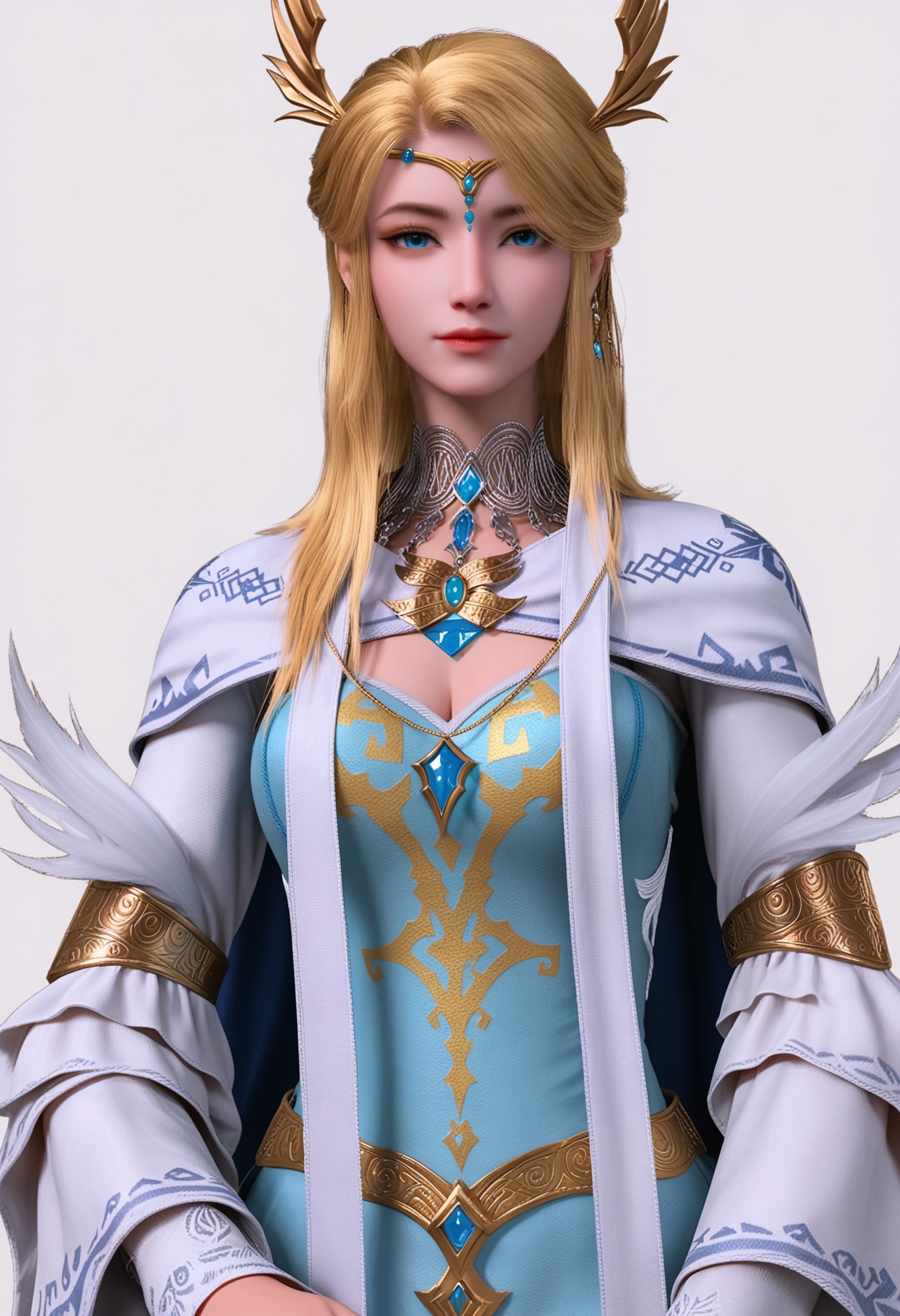 score_9,high detail,best quality,shiny skin,shiny,weiluonika,1girl,solo,blue eyes,blonde hair,long hair,white background,jewelry,dress,hair ornament,closed mouth,simple background,cape,realistic,circlet,breasts,earrings,blue dress,feathers,cleavage cutout,cleavage,long sleeves,looking at viewer,thighs,<lora:QQSponyweiluonikaV1:0.8>,<lora:Pony_DetailV2.0:0.8>,<lora:皮肤凹痕:0.1>,