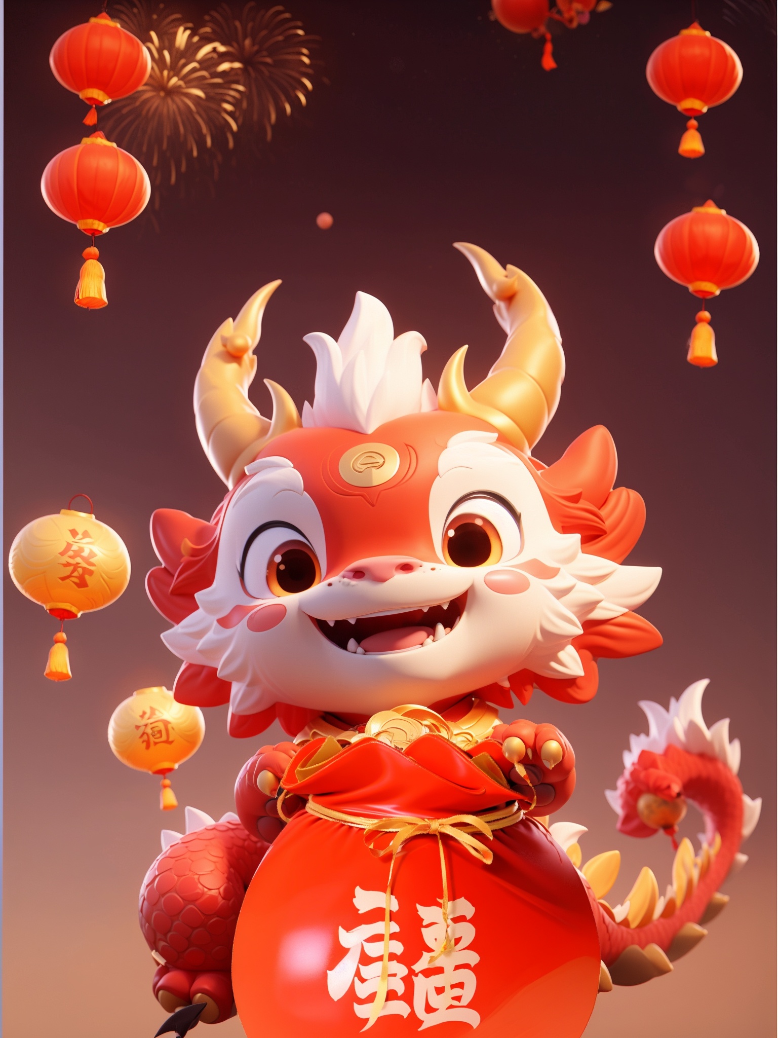 couplets, holding couplets,HTTP, fangs, solo, paper lantern, dragon, horns, open mouth, chinese new year, no humans, lantern, looking at viewer, smile, eastern dragon, claws, dragon horns, fireworks, banner, golden treasure<lora:HTTP_20231228190428-000006:1>