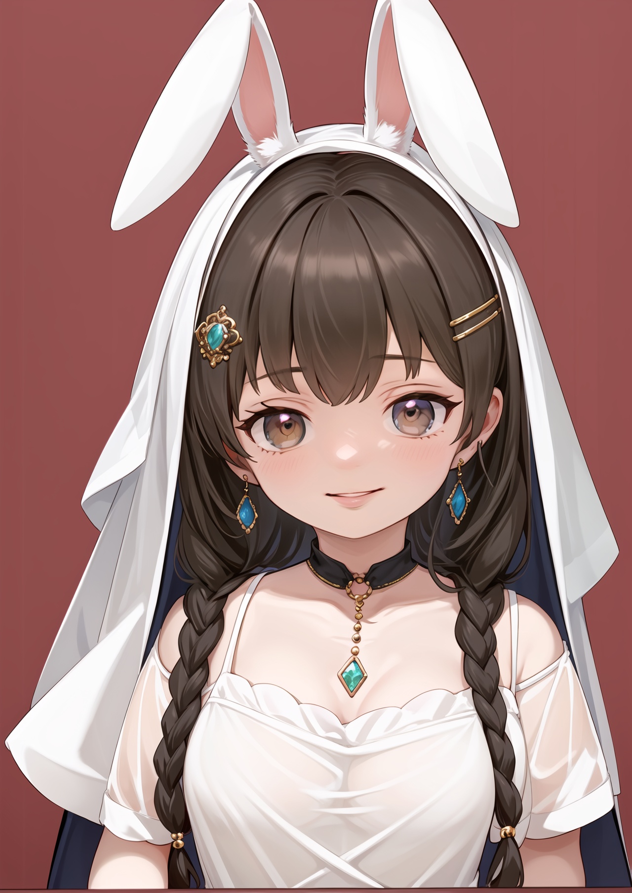 masterpiece,best quality,1girl,jewelry,solo,ring,rabbit ears,animal ears,gem,braid,long hair,earrings,bracelet,hair ornament,upper body,smile,black hair,holding,looking at viewer,veil,brown hair,single braid,dress,red background,lips,closed mouth,
