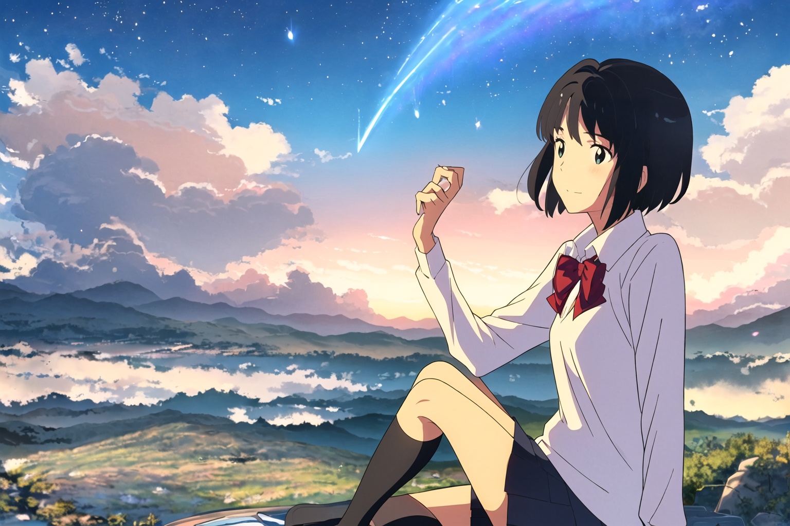 dream,New Haicheng Animation Style,1girl,short hair,skirt,black hair,1boy,school uniform,outdoors,sky,socks,cloud,kneehighs,night,couple,star \(sky\),night sky,scenery,starry sky,shooting star,miyamizu mitsuha,
