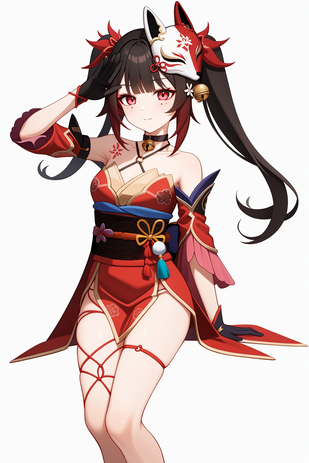 <lora:nai3画风bysdlion-000035:0.25:lbw=all>  <lora:花火v2:0.9:lbw=char> 1girl, huahuo, twintails, bare shoulders, fox mask, mask on head, red dress, detached sleeves, black gloves, jingle bell, choker, obi, kimono, tattoo, barefoot, (masterpiece,best quality,high quality:1.2),absurdres,