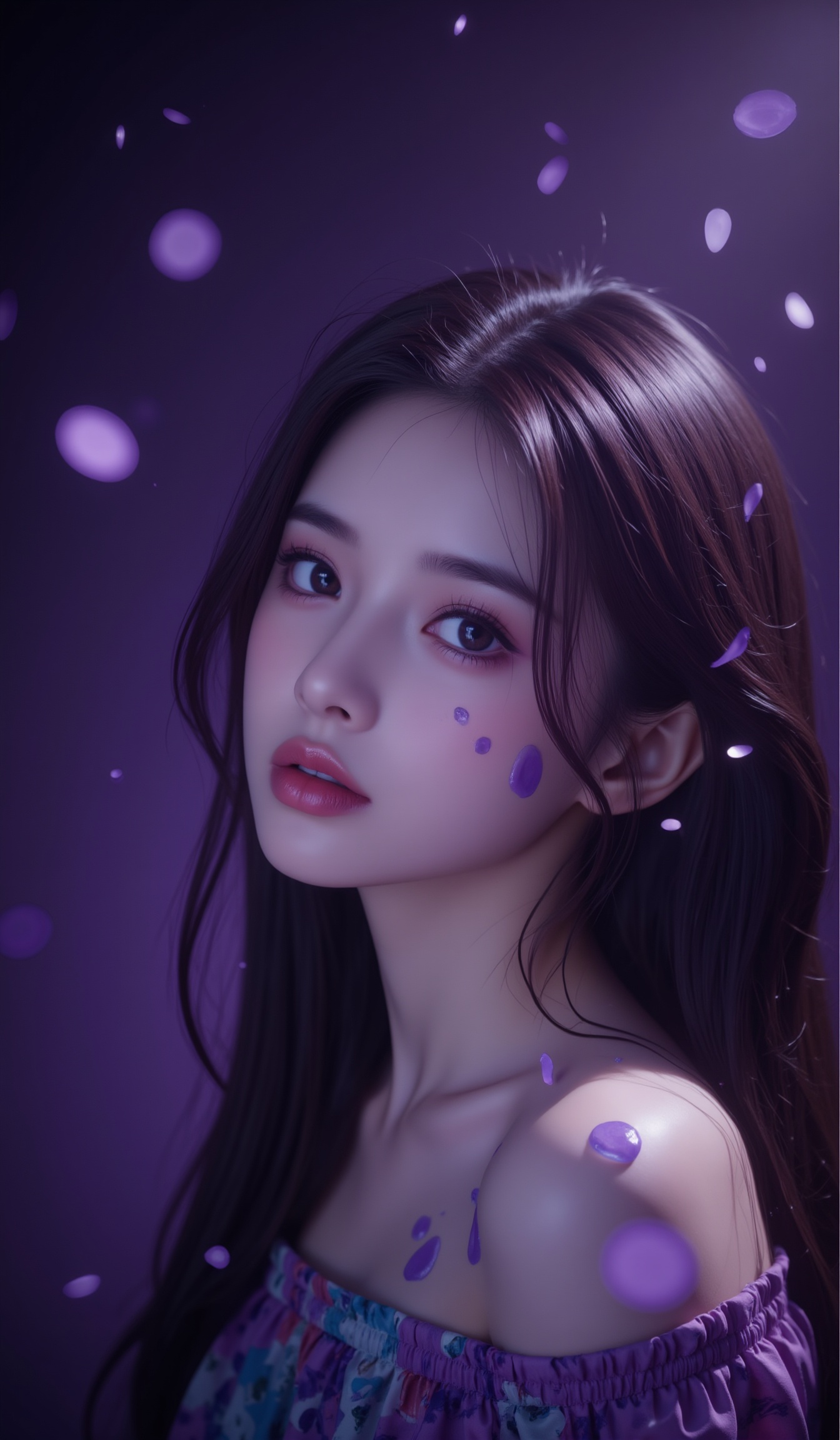 official art,unity 8k wallpaper,Best quality,model shot, ultra high res,extremely detailed,masterpiece, (photorealistic:1.2), (RAW photo),1girl ,solo, Bathed in shadows, Ultrarealistic, Romantic, Psychedelic Art, cinemagraph, cinematic lighting,30mm, Kodak Ektar, Mandala, Violet splash<lora:FLUX-极品超模V3:1.2>