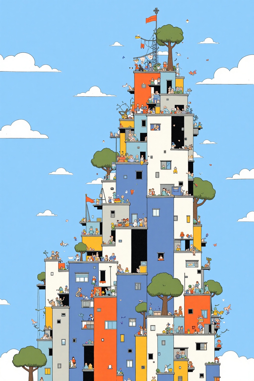 beijihui,Captured at eye-level,a cartoon depiction of a multi-story building is depicted against a light blue sky. The building is adorned with a variety of colors,including blue,orange,yellow,and white. There are a few trees scattered around the building,adding a pop of color to the scene. The sky is dotted with white clouds,creating a stark contrast to the building.,