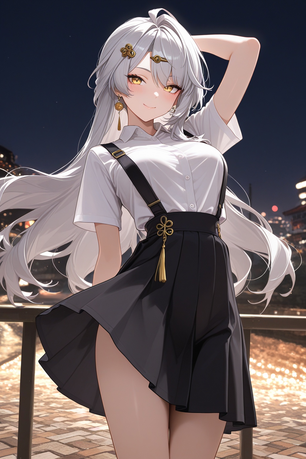masterpiece,best quality,absurdres,1girl,yi xuan \(zenless zone zero\),alternate costume,blush,grey hair,hair ornament,long hair,looking at viewer,solo,smile,outdoors,night,yellow eyes,white shirt,skirt,shirt tucked in,suspender skirt,short sleeves,dynamic pose,