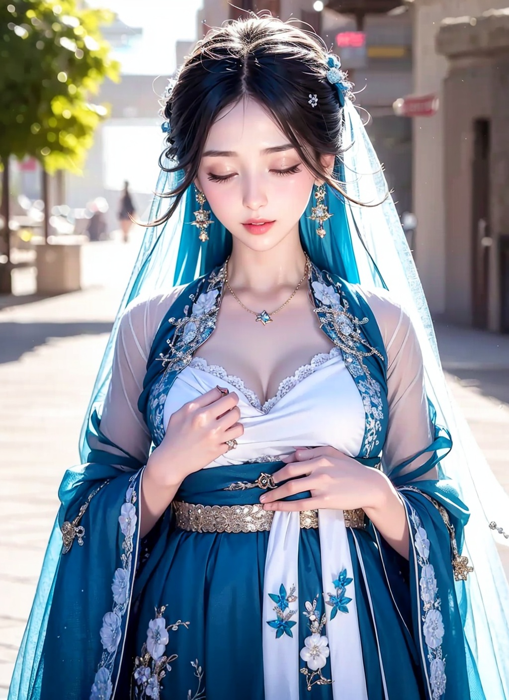 1 girl, Diamond earrings ,lipstick,,close one's eyes,,close-fitting,black hair,SRed ,, ,embroider，solo，Hanfu，veil，close the eyes，chest，red，  <lora:深蓝色汉服:1>