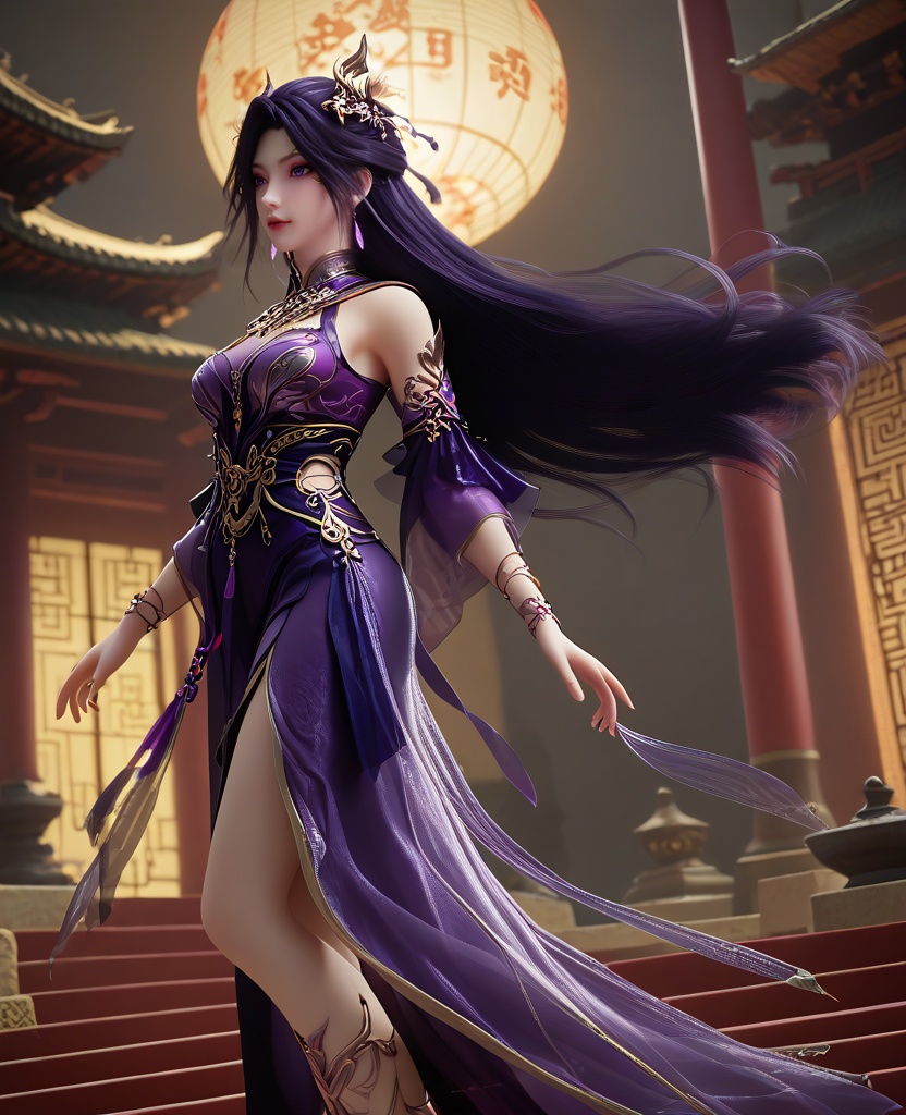 (oriental architecture, elegant decor, sophisticated style:1.1),(jumping over camera:1.1),(breasts:1.2),<lora:XL16长生界燕倾城:0.95>,miss yanqiancheng,purple dress,purple eyes,eyeshadow,very long hair,dark purple hair,hair ornament,earrings,jewelry,bare shoulders,detached sleeves,wristlet,sash,spiral leg decoration,, score_9,score_8_up,score_7_up,score_6_up,score_5_up,score_4_up,3d rendering,tag1,tag2, Cinematic Lighting,backlighting,