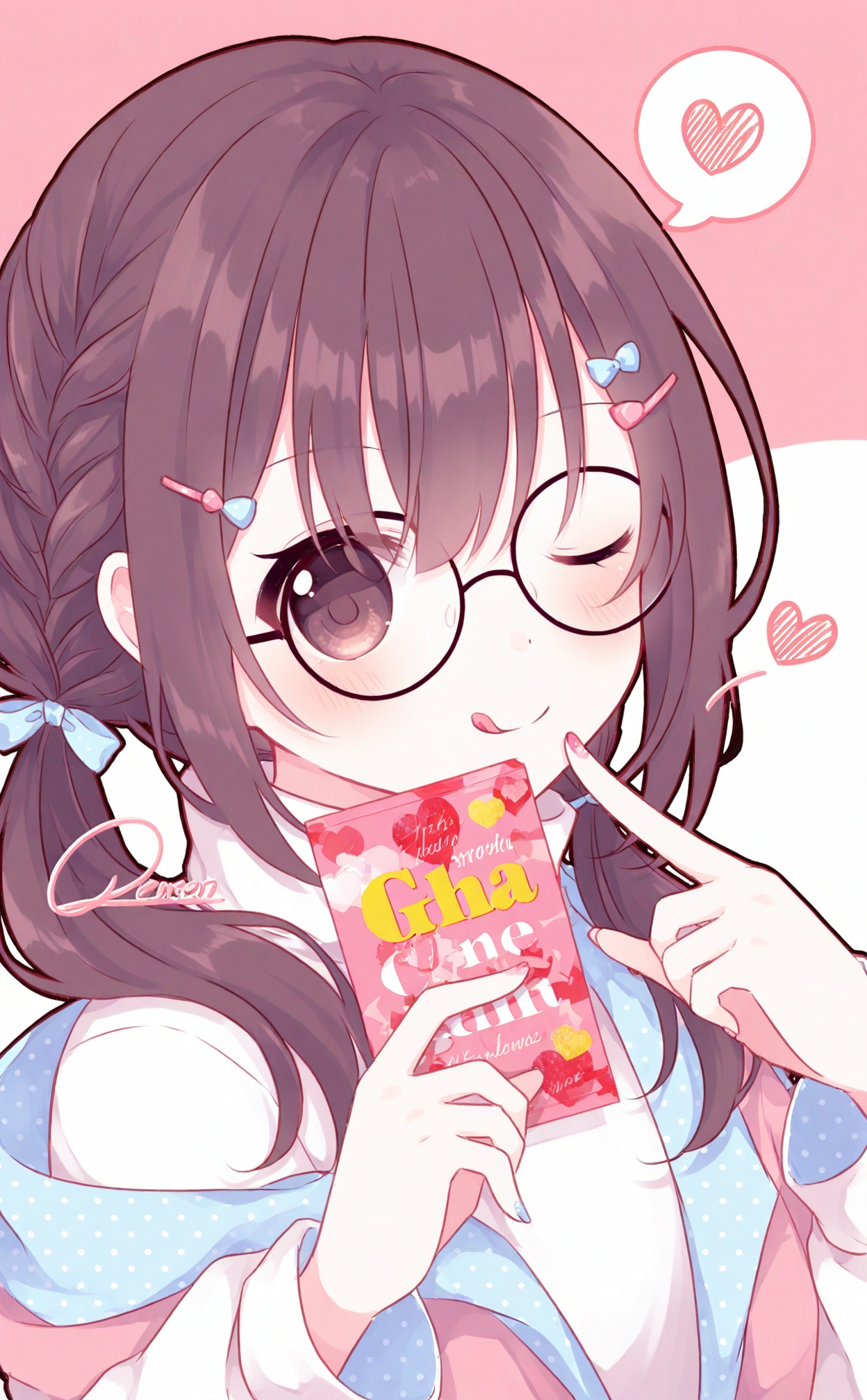 best, 1girl, tongue out, tongue, solo, heart, one eye closed, brown hair, glasses, spoken heart, jacket, pink jacket, ticket, brown eyes, round eyewear, hairclip, hair ornament, long sleeves, holding, braid, looking at viewer, smile, upper body, hair bow, bow, open clothes, signature, closed mouth, ;q, open jacket, long hair, blue bow, blush, :q, black-framed eyewear, hair between eyes, hands up, shirt, pink background, speech bubble, blue nails, nail polish, twintails, white shirt, turtleneck, fingernails, valentine, licking lips, sleeves past wrists, polka dot, pink nails, sweater, low twintails, white sweater, multicolored nails, hood, chocolate, white background, index finger raised, food, pointing at self, pointing, under-rim eyewear, holding food, happy valentine, virtual youtuber, artist name, semi-rimless eyewear, simple background, high collar, english text, multicolored clothes, finger to own chin, off shoulder, candy, finger to mouth, ;p, hood down, white jacket, side braid, pastel colors, bespectacled, romaji text, sidelocks, pink theme, hand up, ;), brown-framed eyewear, chocolate bar, multicolored jacket, eyebrows hidden by hair, nail art, turtleneck sweater, character name, :p <lora:lp42.e-000046:0.8>