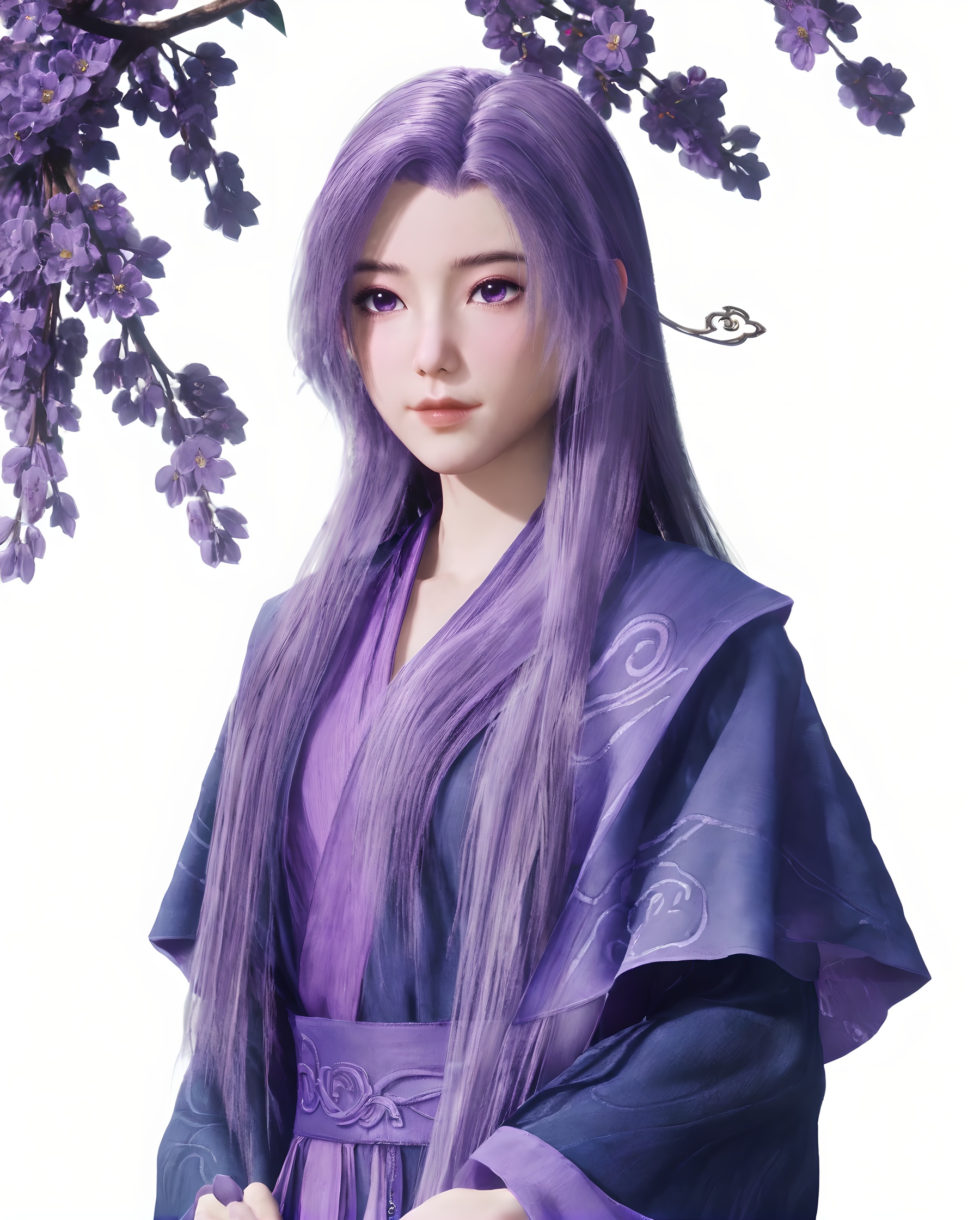 <lora:SF_YunXiaoNew_Pony_Realism-000003:0.7>,1girl,solo,flower,bule clothes,purple eyes,hair ornament,standing,looking at viewer,branch,purple hair,long hair,white background,