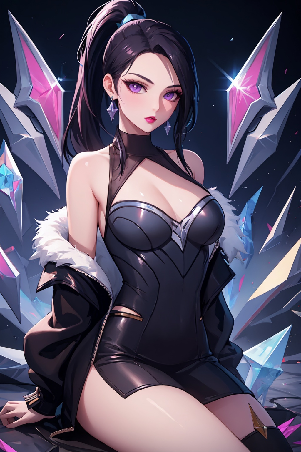 masterpiece,best quality, highly detailed, 1girl,k/da \(league of legends\),kai'sa,ponytail,bare shoulders,earrings,looking at viewer,solo,official alternate costume,tight,breasts,lipstick,off shoulder,<lora:kai'sa:1>