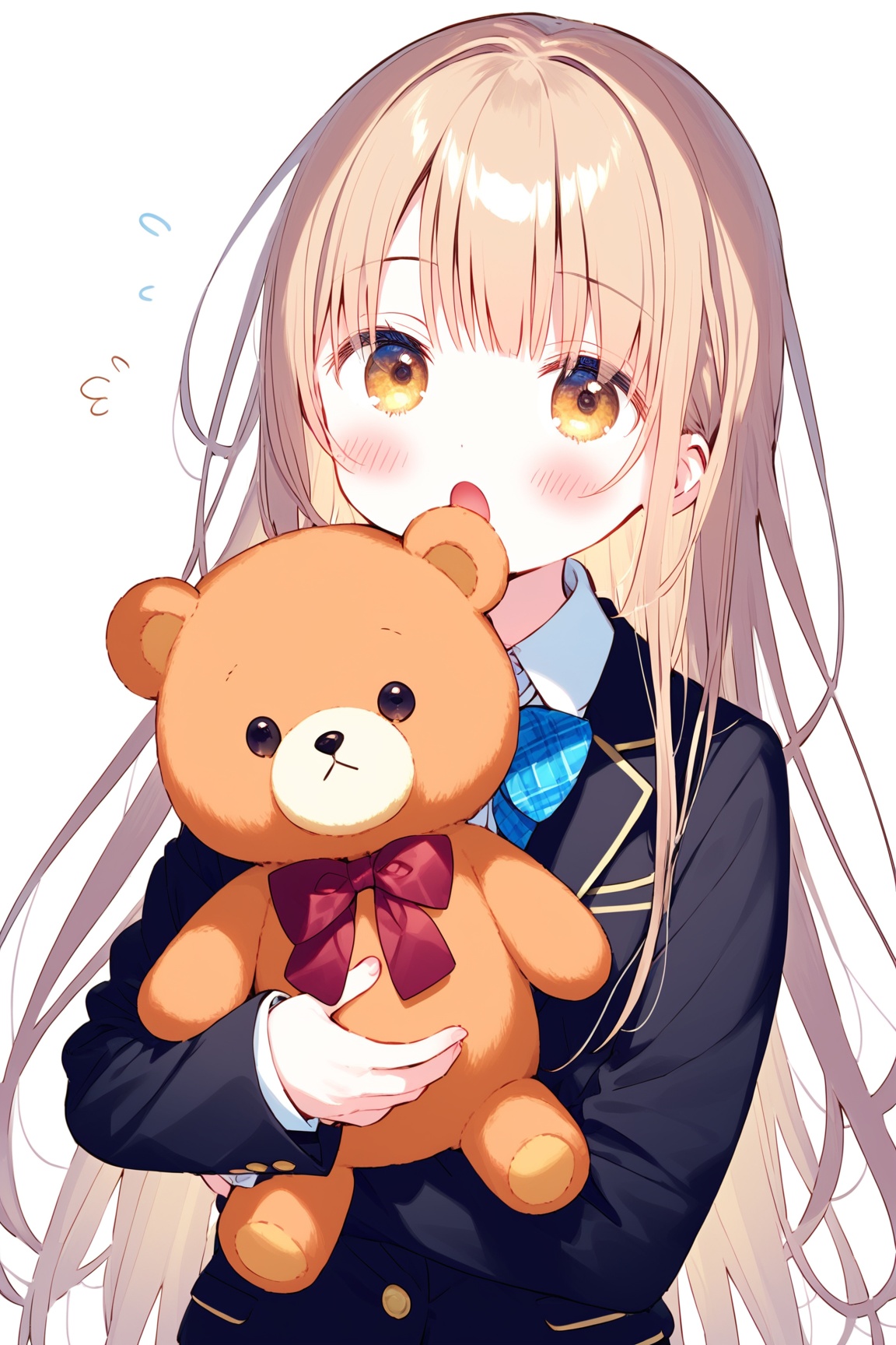 1girl,loli,teddy bear,stuffed toy,stuffed animal,solo,long hair,looking at viewer,bow,food,brown eyes,blush,upper body,open mouth,bangs,school uniform,jacket,doughnut,object hug,bowtie,flying sweatdrops,blazer,jewelry,holding,black jacket,white background,brown hair,shirt,ring,blue bow,red bow,blonde hair,red bowtie,long sleeves,simple background,holding stuffed toy,:o,white shirt,collared shirt,head tilt,doll hug,light brown hair,very long hair,yellow eyes,plaid,