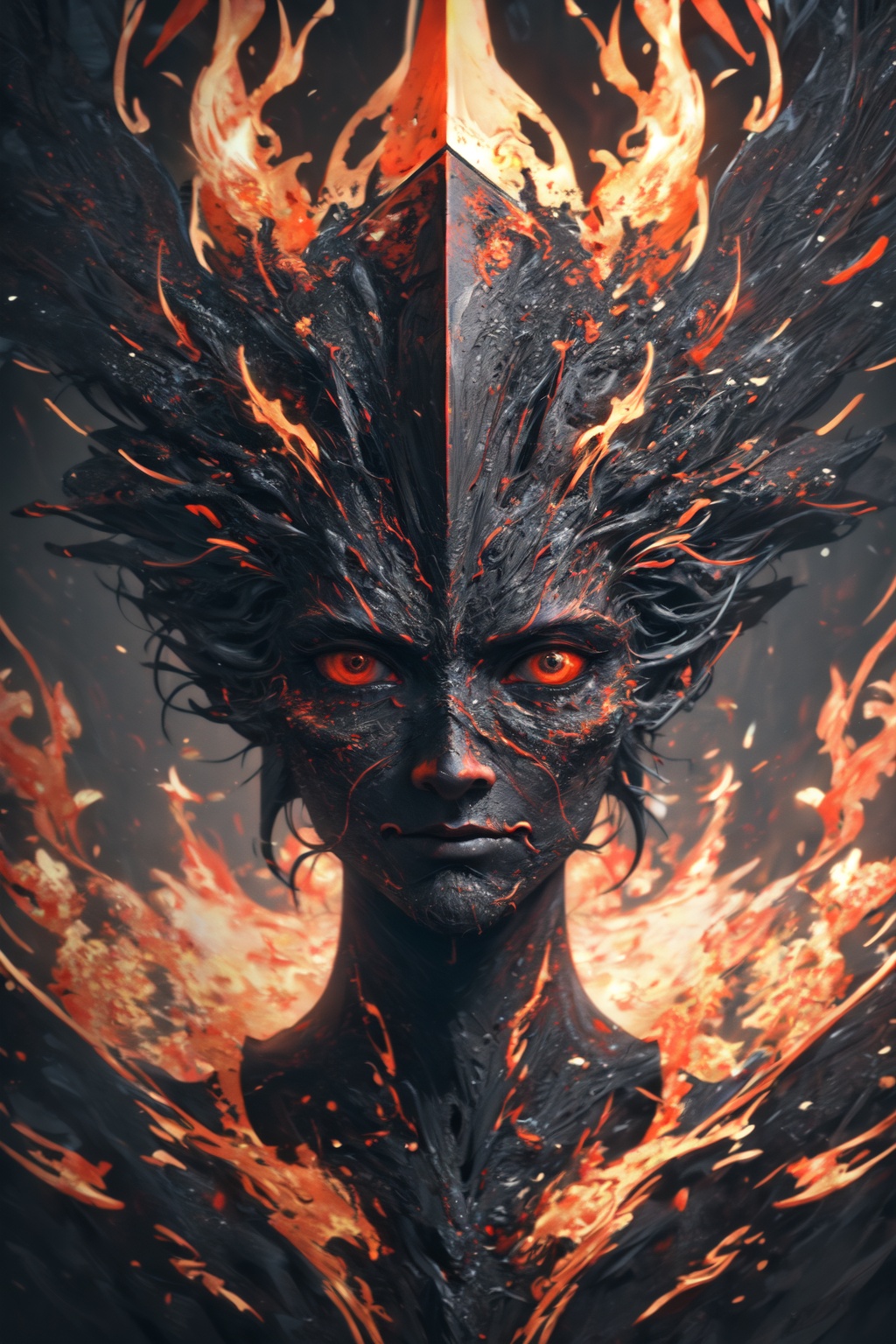 (8k, RAW photo, highest quality),hyperrealist,intricate abstract,intricate artwork,abstract style,striking portrait,menacing,otherworldly creature,[demon:darkness:35],[flames:magma:40],with swirling flames cascading from its body,fearsome power and ethereal presence,non-representational,colors and shapes,expression of feelings,imaginative,highly detailed,extremely high-resolution details,photographic,realism pushed to extreme,fine texture,4k,ultra-detailed,high quality,high contrast,