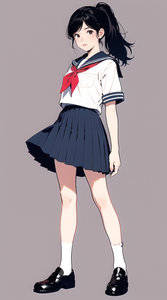 (best quality), ((masterpiece)), (highres), illustration, original, extremely detailed,ooo, 1girl, solo, school uniform, skirt, serafuku, socks, black hair, white socks, long hair, shoes, white background, pleated skirt, neckerchief, simple background, red neckerchief, looking at viewer, full body, short sleeves, shirt, standing, grey skirt, black footwear, brown eyes, white shirt, closed mouth, sailor collar, loafers, ponytail