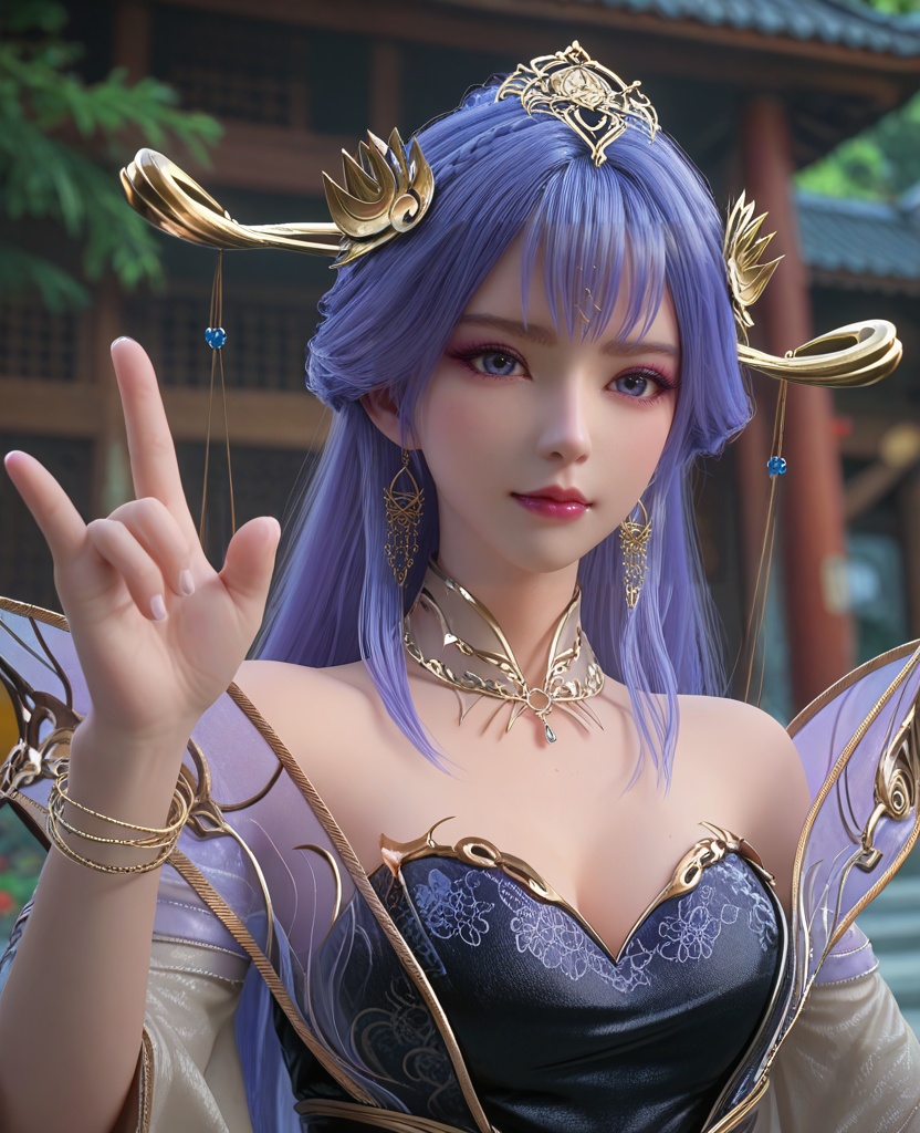 (oriental architecture, elegant decor, sophisticated style:1.1),(finger gun:1.1),(breasts:1.2),<lora:XL百炼成神天穹:0.9>,miss tianqiong,jewelry,long hair,hair ornament,bangs,blue hair,dress,earrings,bare shoulders,purple eyeshadow,blue eyes,bracelet,cleavage,boots,detached collar,, zPDXL2, score_9, score_8_up, score_7_up BREAK realistic, masterpiece,best quality, highly detailed,, zPDXL3, zPDXL2,zPDXL, zPDXLxxx, zPDXLrl,