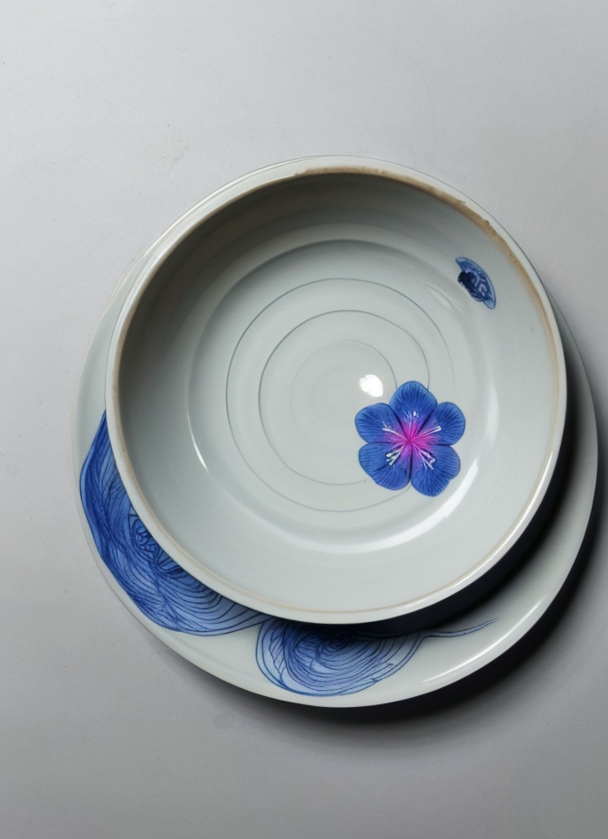 dish, ciping, grey background,blue folwers, no humans, simple background, <lora:SD1.5_Ciping.64:0.7>